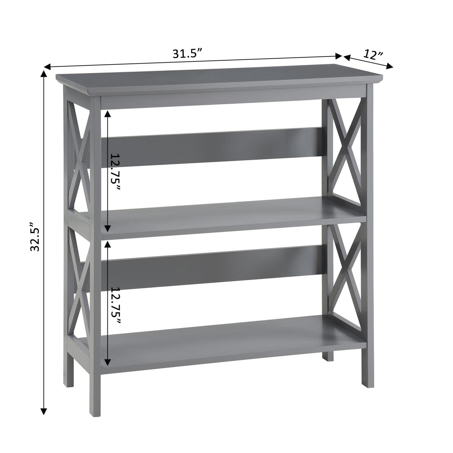 Convenience Concepts Oxford 3-Tier Bookcase Shelf - Gray Wooden Storage Organizer for Living Room, Bedroom, Office & Study