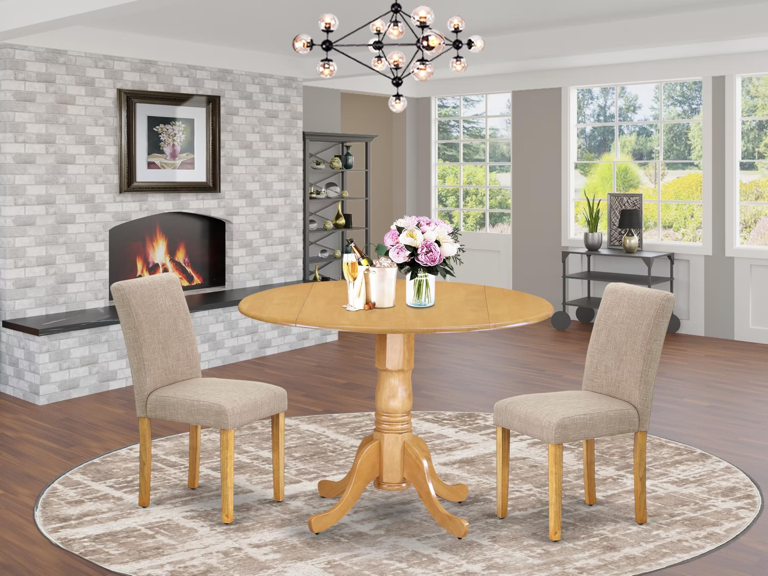 East West Furniture DLAB3-OAK-04 3-Piece Round Dining Table Set with Drop Leaf & 2 Light Tan Linen Parsons Chairs, 42x42 Inch, Oak - Perfect for Small Spaces, Breakfast Nooks, and Cozy Apartments