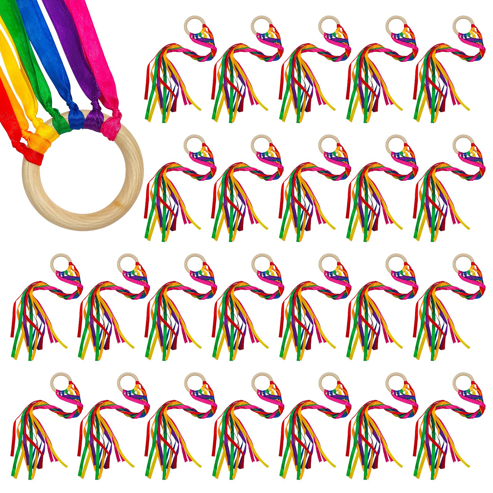24Pcs Rainbow Ribbon Streamers - Waldorf Sensory Toys with Wooden Rings for Creative Play, Dance & Movement - Educational Learning Toys for Kids - Perfect for Playrooms, Birthday Parties & Outdoor Activities (Rainbow Colors)