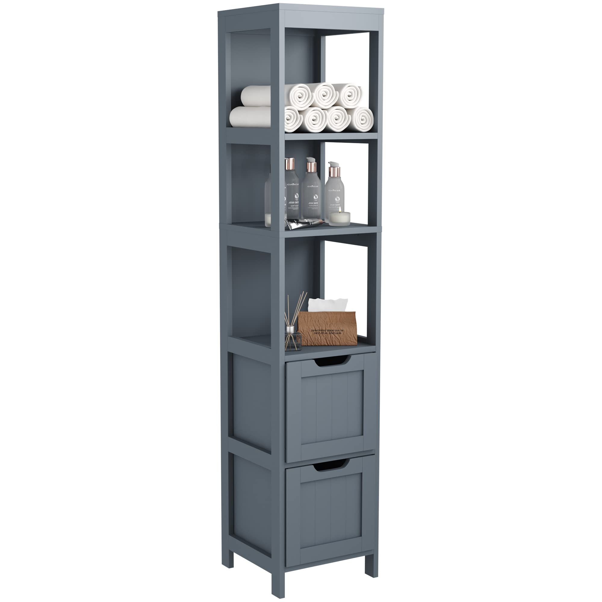 HOMEFORT Slim Tall Bathroom Storage Cabinet - Narrow Floor Cabinet Organizer with 2 Drawers & 3 Shelves - Freestanding Wooden Linen Tower Cupboard in Grey - Perfect for Small Bathrooms, Bedrooms, and Laundry Rooms