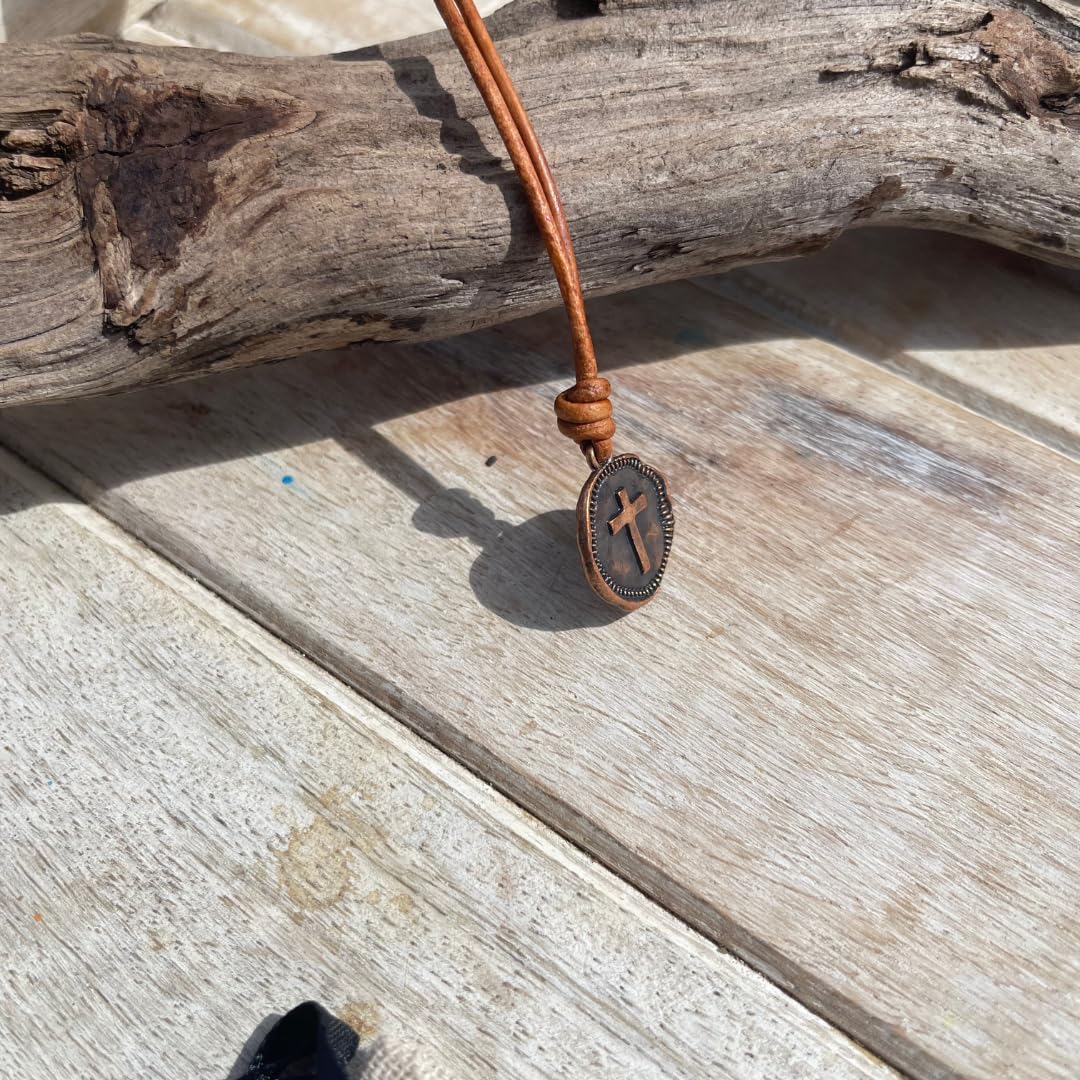 Men's Cross Necklace - Religious Coin Pendant, Christian Medallion for Catholic & Christian Gifts (Copper, Distressed Leather) - Perfect for Christmas, Baptism, Anniversary & Daily Faith Jewelry
