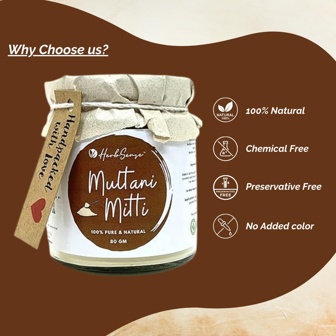 Herbsense Natural Multani Mitti Powder for Oil Control, Skin Cleansing & Nourishing | Anti-Acne & Pimple Care Face Mask | Glass Jar 80g - Perfect for DIY Skincare & Spa Treatments at Home
