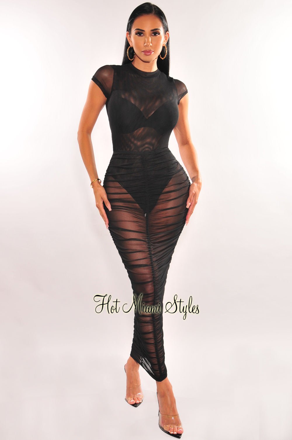 Black Sheer Mesh Short Sleeve Bodysuit with Ruched Skirt 2-Piece Set - Sexy Outfit for Date Night, Club Wear & Summer Fashion