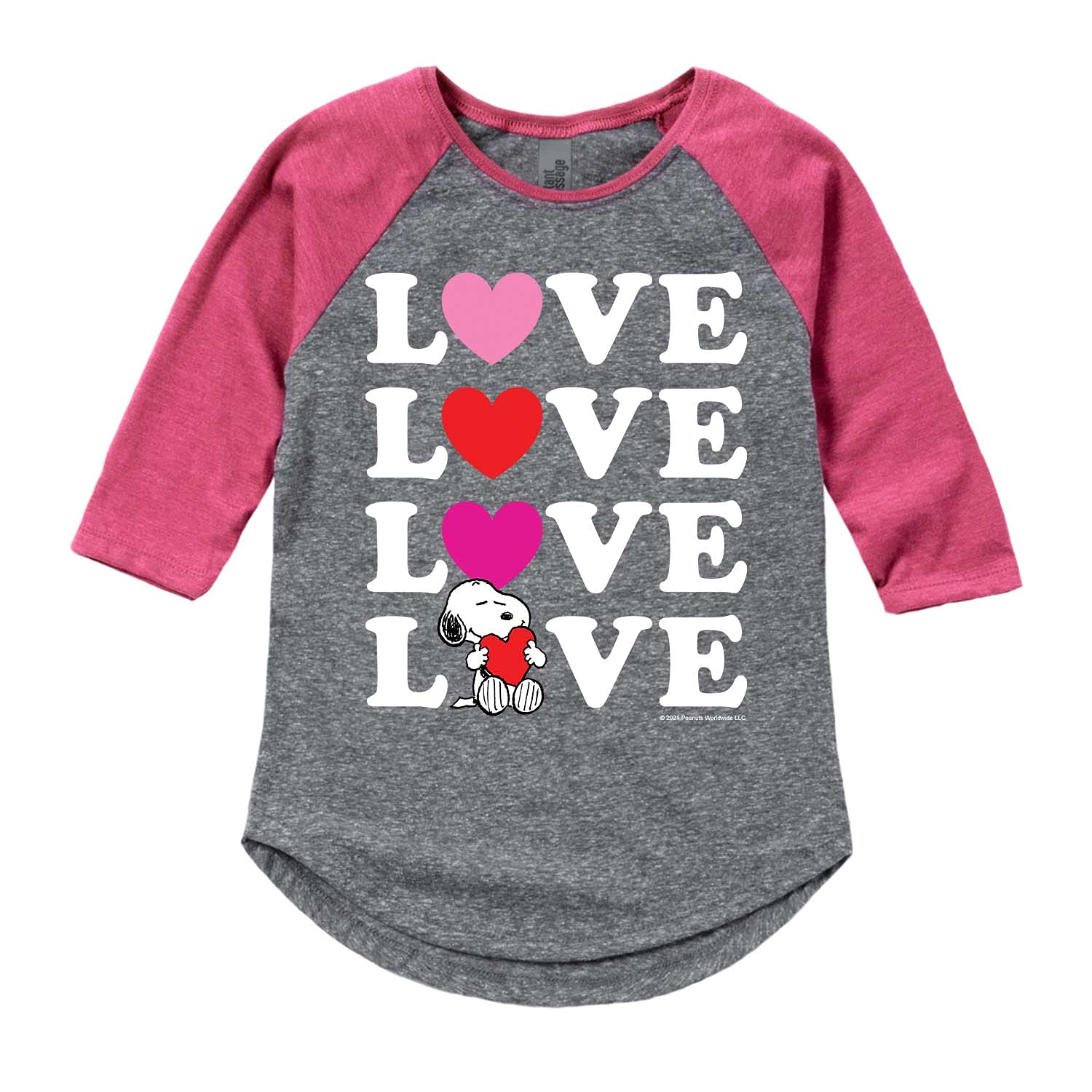 Peanuts Hybrid Apparel Snoopy Love Stacked - Girls Toddler & Youth Raglan T-Shirt | Cute Cartoon Graphic Tee for Kids | Perfect for School, Playdates & Family Outings