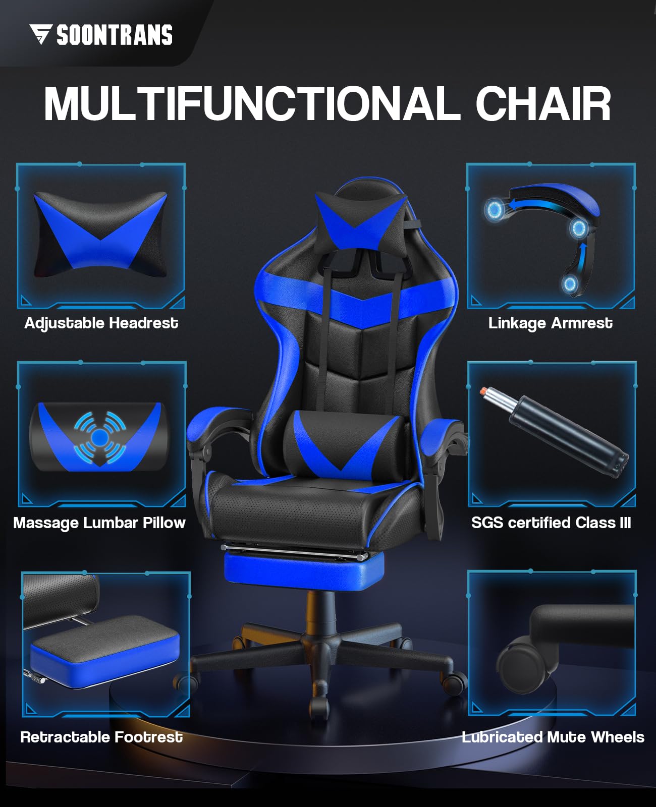 Soontrans Storm Blue Ergonomic Gaming Chair with Adjustable Footrest, Height-Adjustable Headrest & Lumbar Support - Perfect for PC Gaming, Office Work & Home Study - Comfortable Computer Desk Chair for Gamers & Professionals