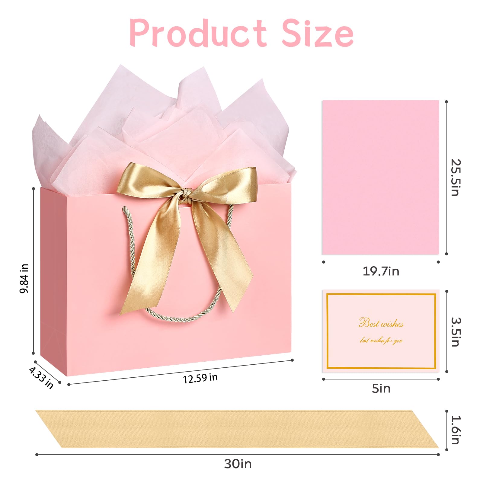 JMANNI Large Gift Bags with Ribbon - 1 Pack Includes 1 Paper Gift Bag with Handles, 1 Greeting Card & 2 Tissue Papers - Elegant Marble Pattern Present Bags for Birthday, Christmas, Wedding - Perfect for Party Favors, Bridal Showers & Corporate Gifting