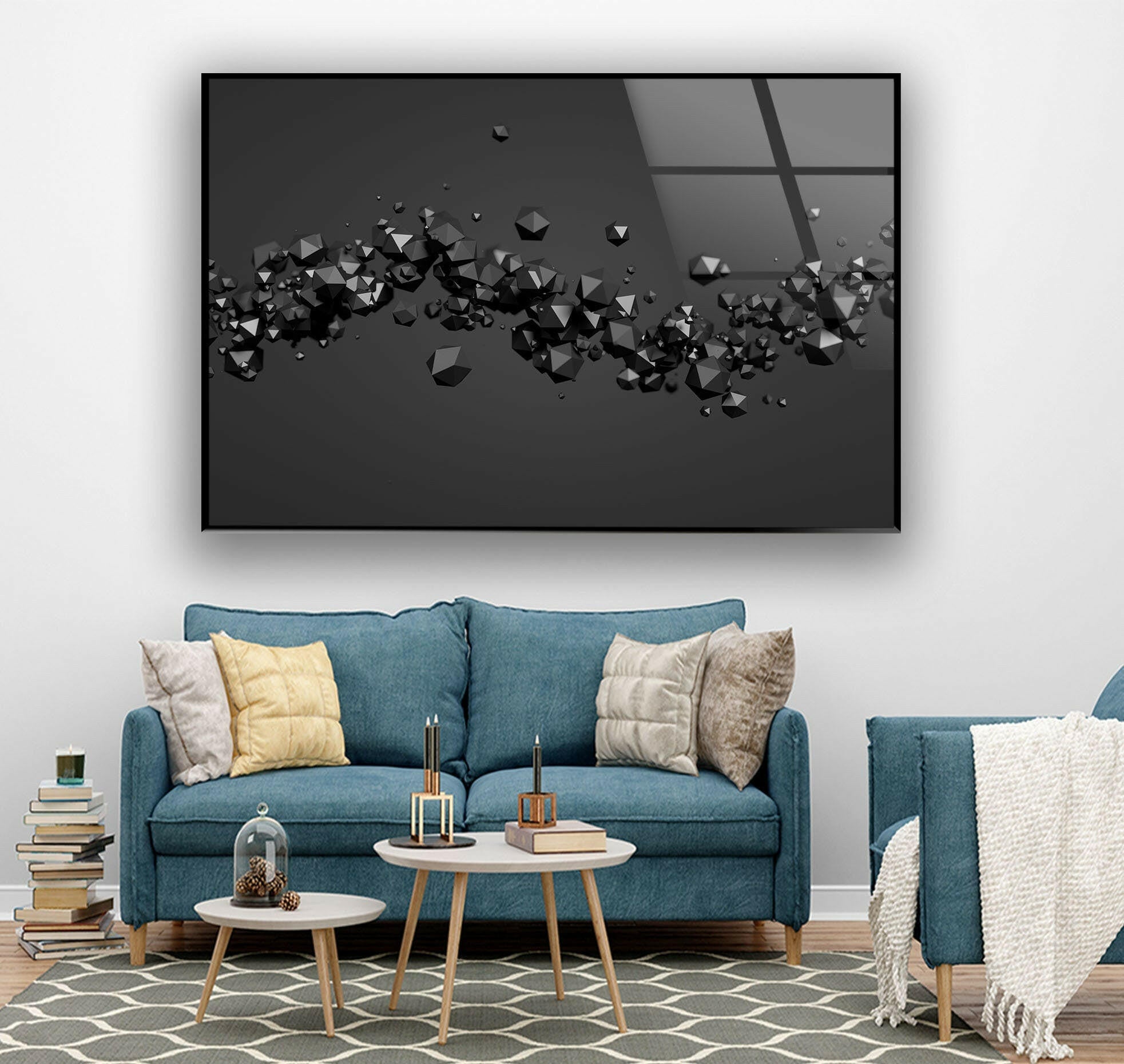 3D Abstract Diamond Glass Wall Art - Black Modern Home Decor for Living Room, Bedroom & Office