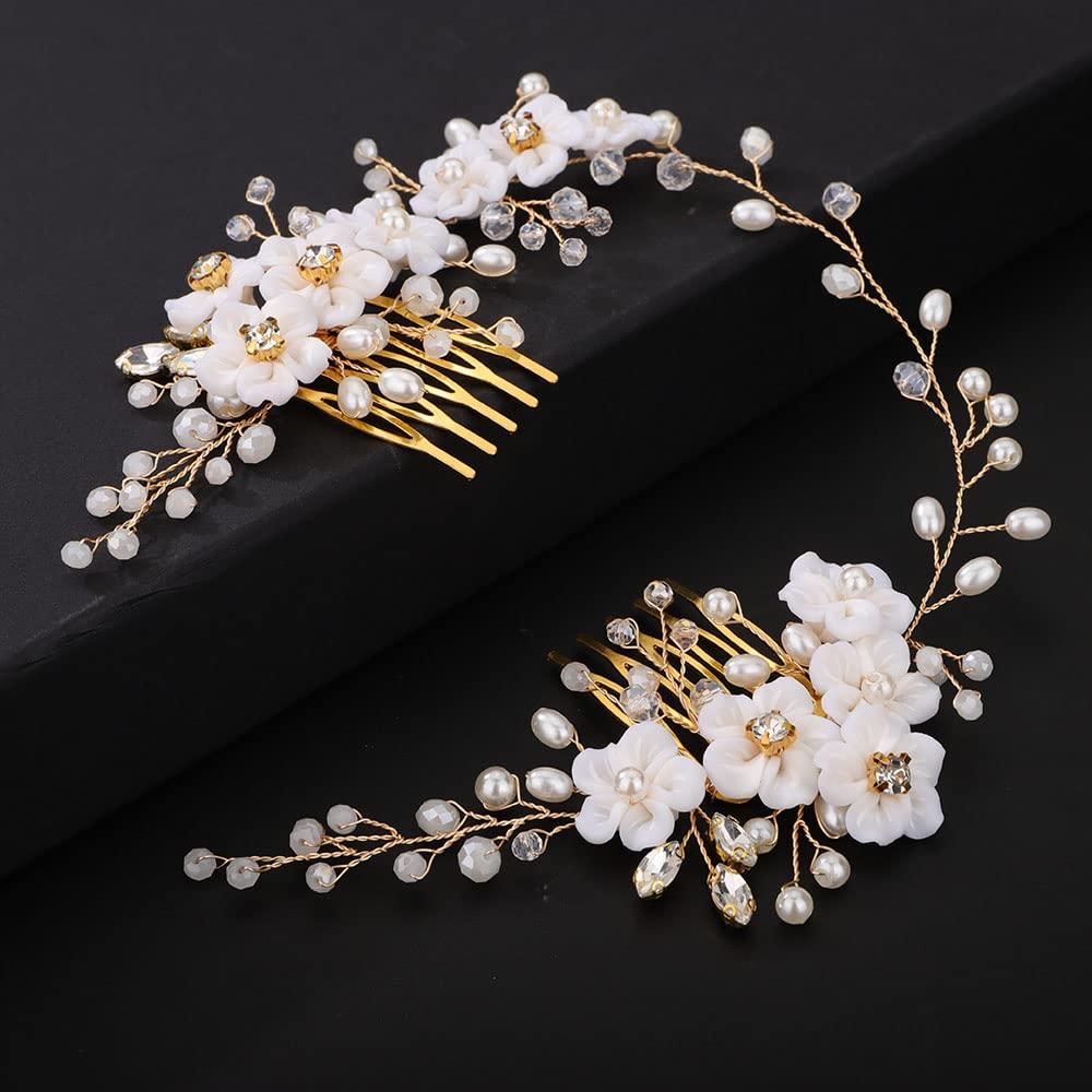 Denifery White Flower Bridal Hair Vine with Comb - Gold Crystal Pearl Wedding Hair Accessories for Women & Girls | Perfect for Bridal, Prom, and Special Occasions