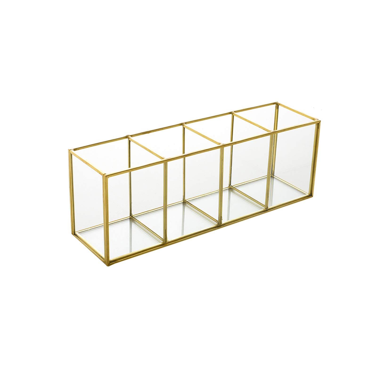 Vintage Gold Glass & Metal Makeup Brush Holder Organizer - Cosmetic Display Case for Brushes & Beauty Tools - 26 x 7 x 9 cm - Perfect for Vanity Table, Salon, and Makeup Studio Organization
