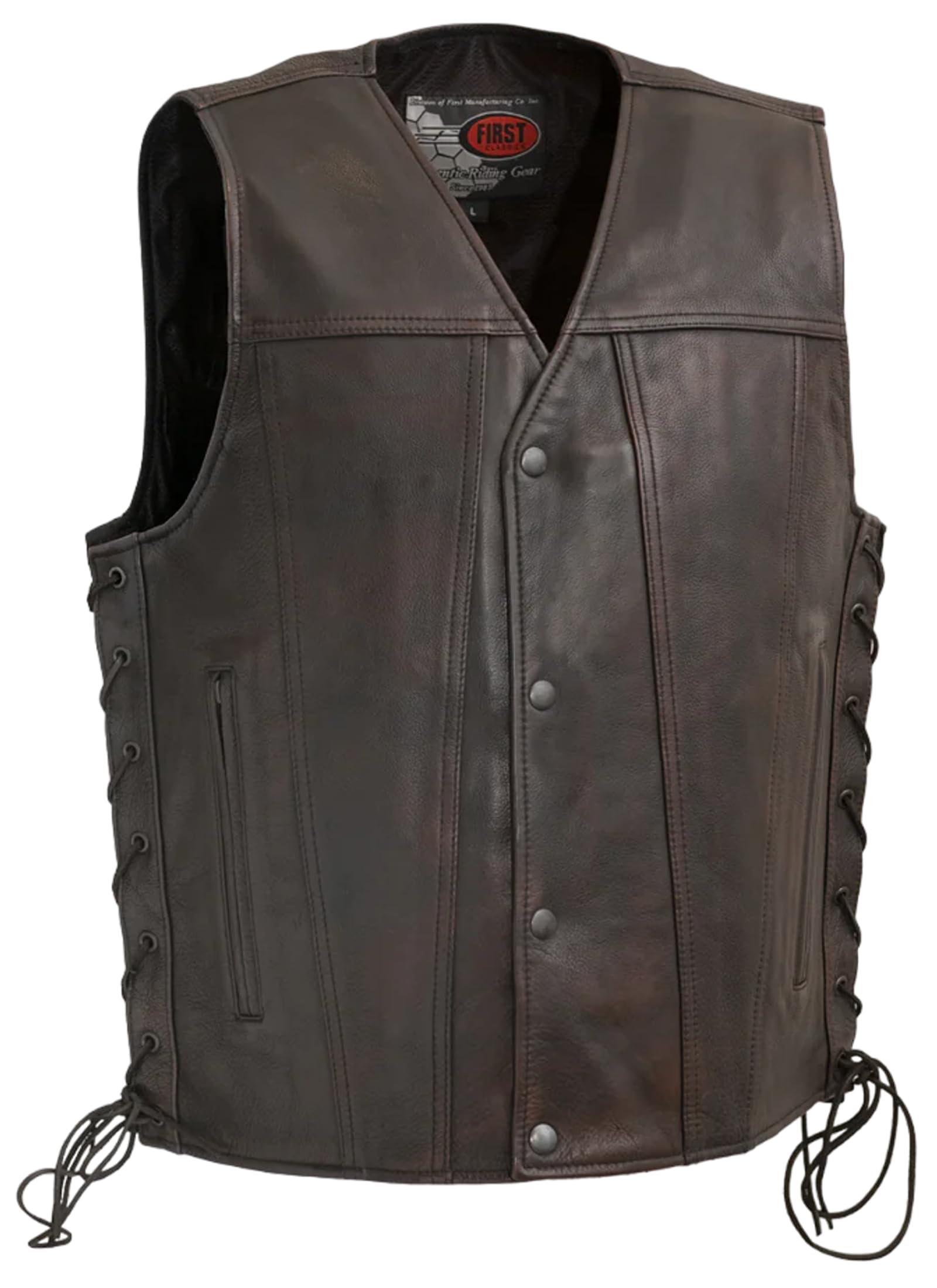 First Mfg Co High Roller Men's Motorcycle Leather Vest for Bikers - Durable Riding Gear for Harley Davidson & Cruiser Motorcycles - Perfect for Road Trips, Bike Rallies & Casual Wear