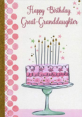 Designer Greetings Pink Cake Birthday Card with Tall Candles & Gold Foil Flames - Perfect for Great-Granddaughter's Special Day | Thoughtful Grandparent Gift for Birthday Celebrations