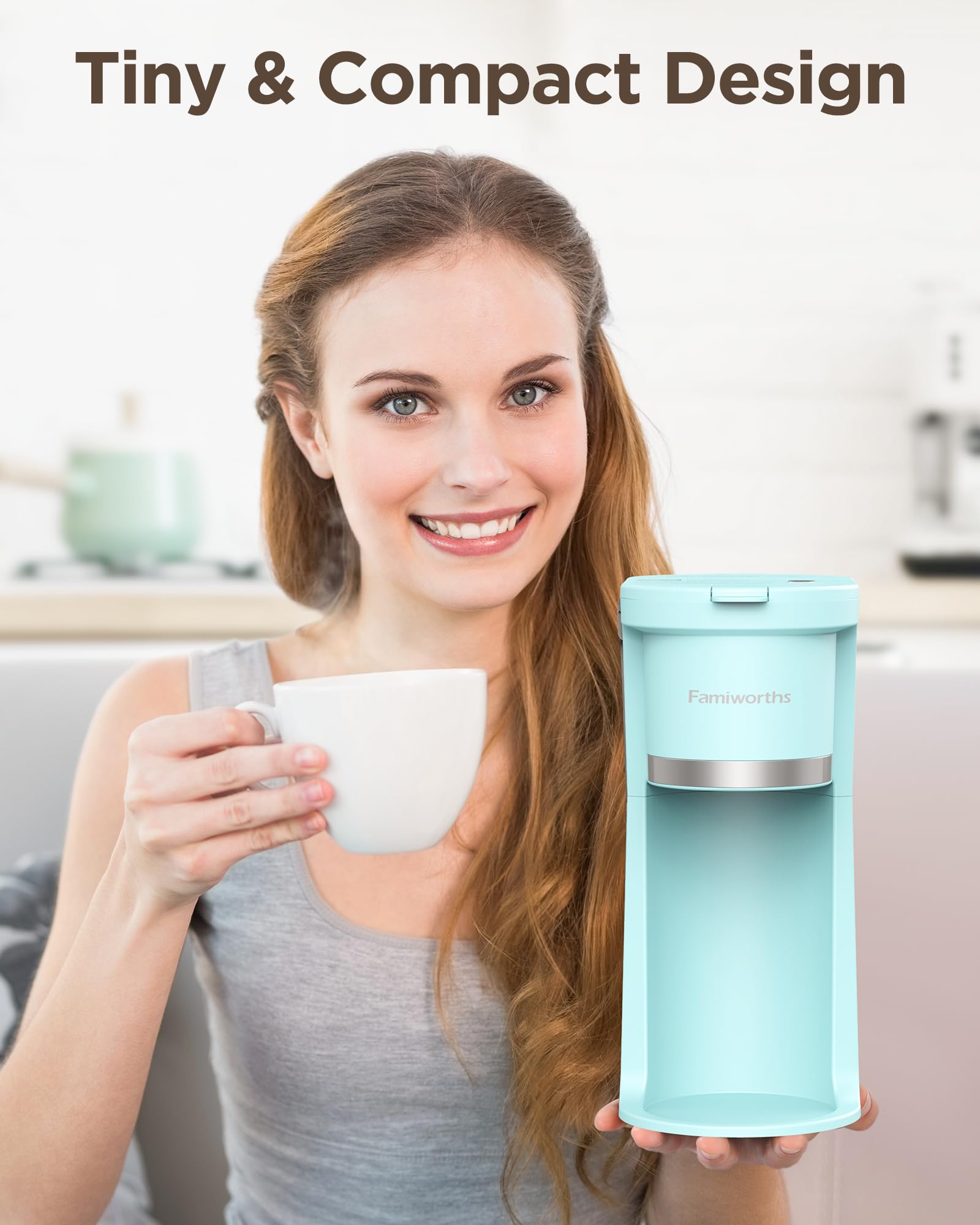 Famiworths Mini Single Serve Coffee Maker for K-Cup & Ground Coffee - 6 to 12 Oz Brew Sizes, Compact Capsule Coffee Machine with Water Window & Descaling Reminder - Perfect for Home, Office, Dorm & Travel (Teal Green)