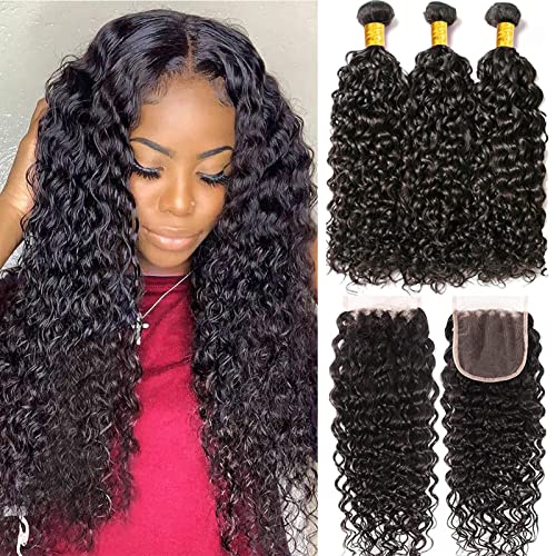 Brazilian Human Hair Bundles 3-Pack (20 22 24 Inch) - Water Wave Wet & Wavy Natural Black Hair Extensions for Styling & Volume | Perfect for Daily Wear, Parties & Special Occasions