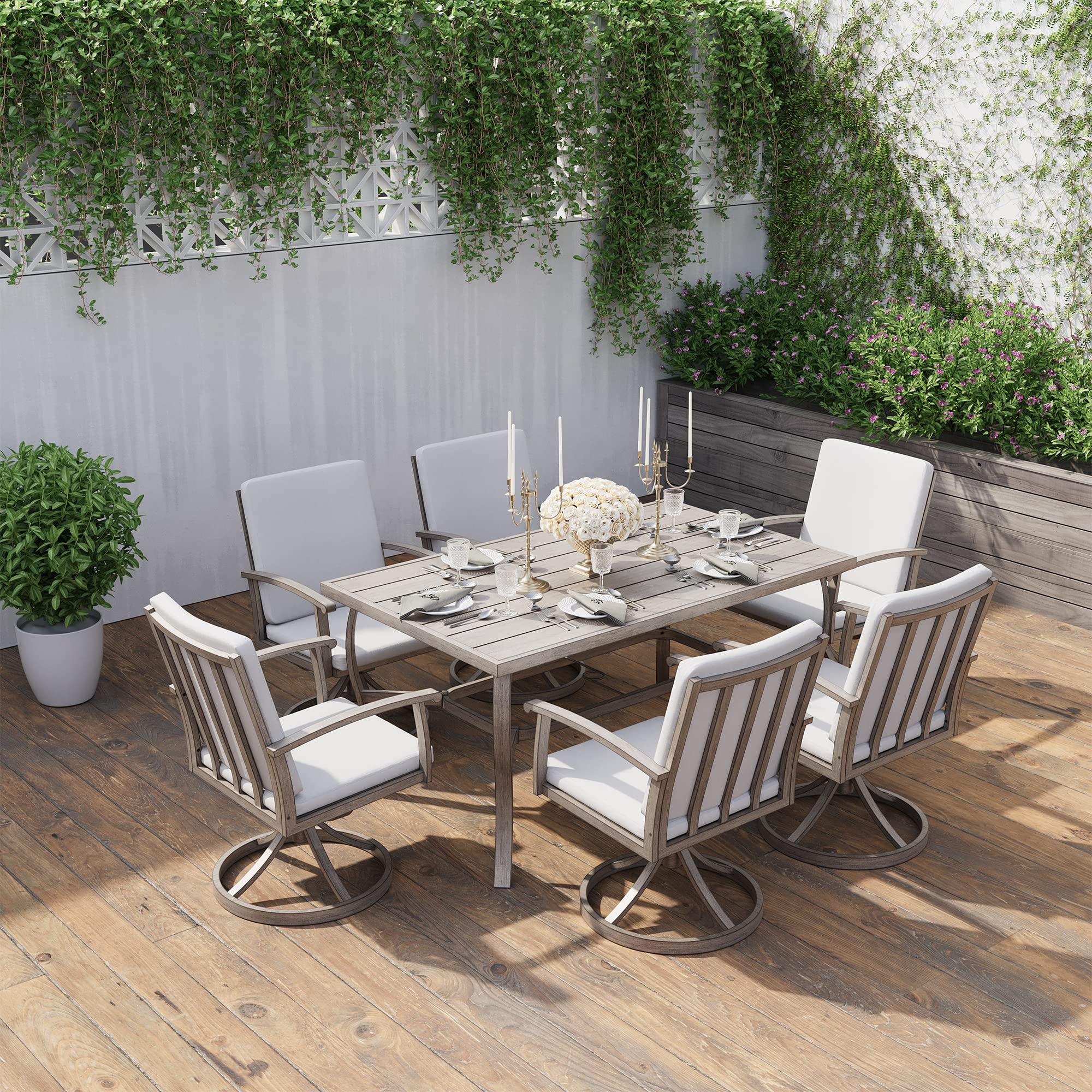 HAPPATIO 7-Piece Outdoor Dining Set with Swivel Chairs - Aluminum Patio Furniture Set for 6 with Washable Cushions & Durable Table - Perfect for Backyard, Garden, Poolside & Outdoor Entertaining (Gray)