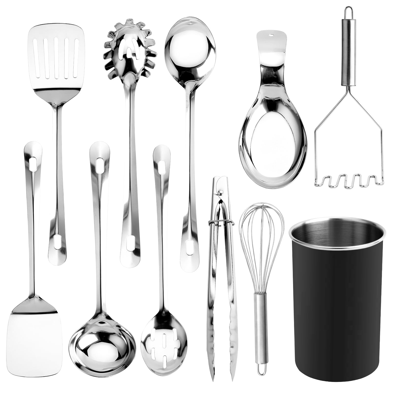 Premium 10-Piece Stainless Steel Kitchen Utensil Set - Nonstick, Heat Resistant Cooking Tools with Turner, Spaghetti Server, Ladle, Spoons, Whisk, Tongs & Masher - Perfect for Everyday Cooking, Baking & Serving - Includes Utensil Holder for Organized Kitchen Storage