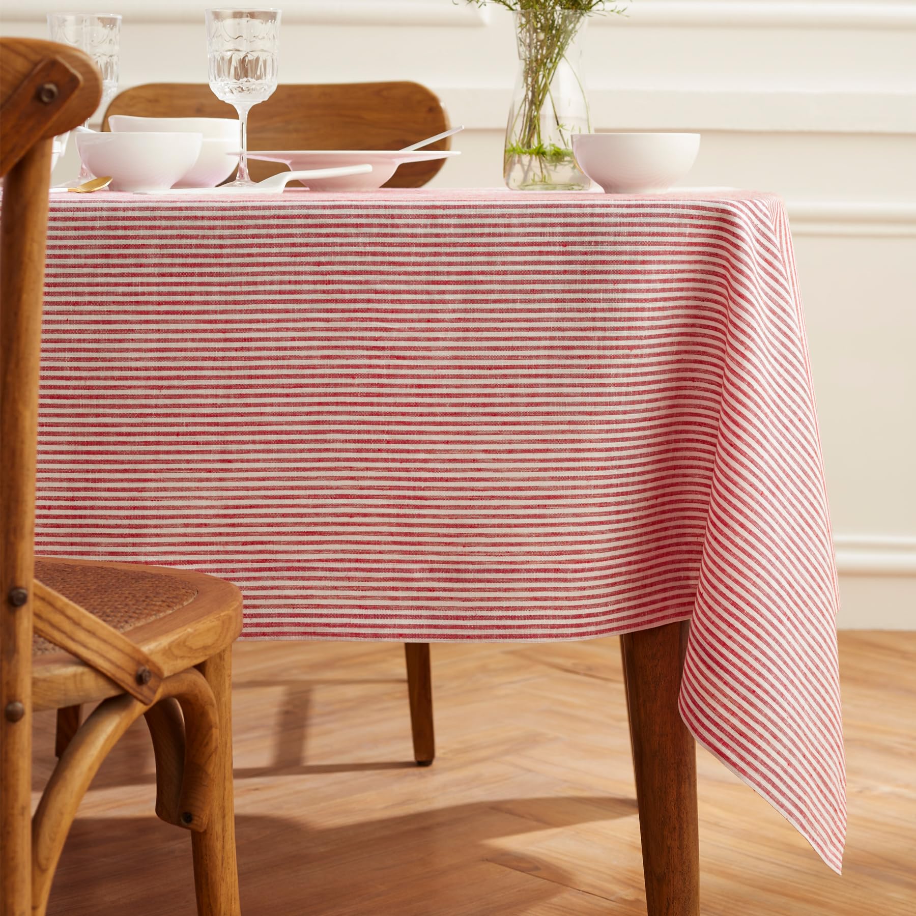 Solino Home 100% Pure Linen Striped Tablecloth - 60x120 Inch Red & White Handcrafted Table Cover - Machine Washable Narrow Stripe Design for Dining Table Decor - Perfect for Spring, Mother's Day, Easter Celebrations & Farmhouse Style Home Decor