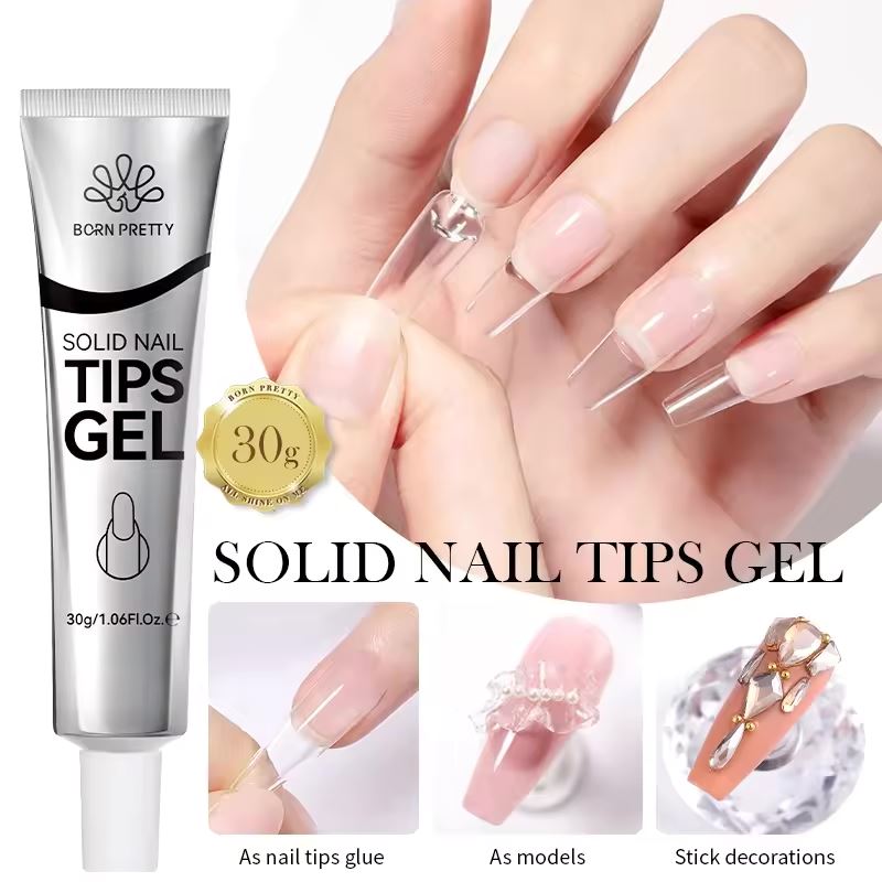 Professional Solid Nail Tips Gel with Rhinestones - Strong Secure Gel Glue for Acrylic Nails, DIY Manicures & Nail Art - Perfect for Salon, Home Use & Special Occasions