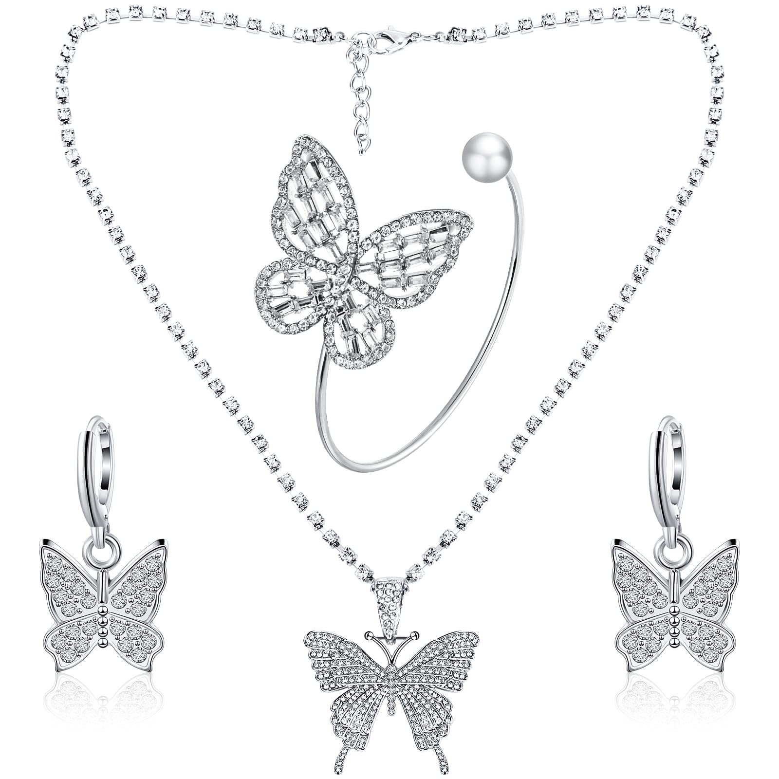 Junkin 3-Piece Silver Butterfly Jewelry Set - Necklace, Bracelet & Hoop Earrings for Women | Rhinestone Cuban Link Pendant & Charm | Elegant Bling Accessories for Parties, Date Nights & Special Occasions