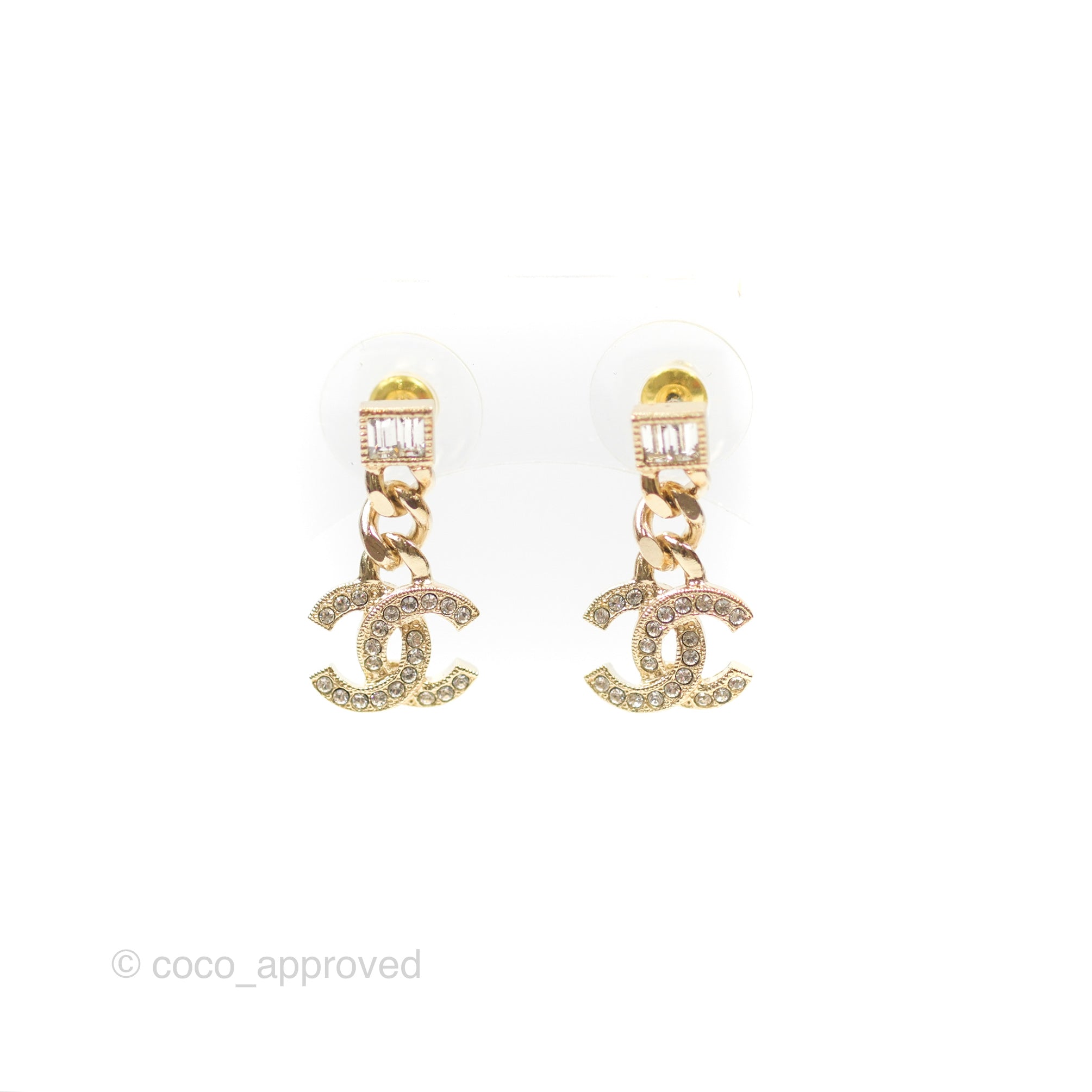 Chanel CC Crystal Drop Earrings in Gold Tone - 23V Elegant Dangling Earrings for Women | Perfect for Parties, Weddings & Evening Events