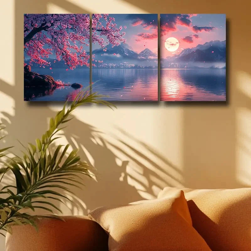 3-Piece Cherry Blossom, Moon & Mountain View Metal Wall Art Prints - Ready to Hang - Nature Inspired Home Decor for Living Room, Bedroom & Office