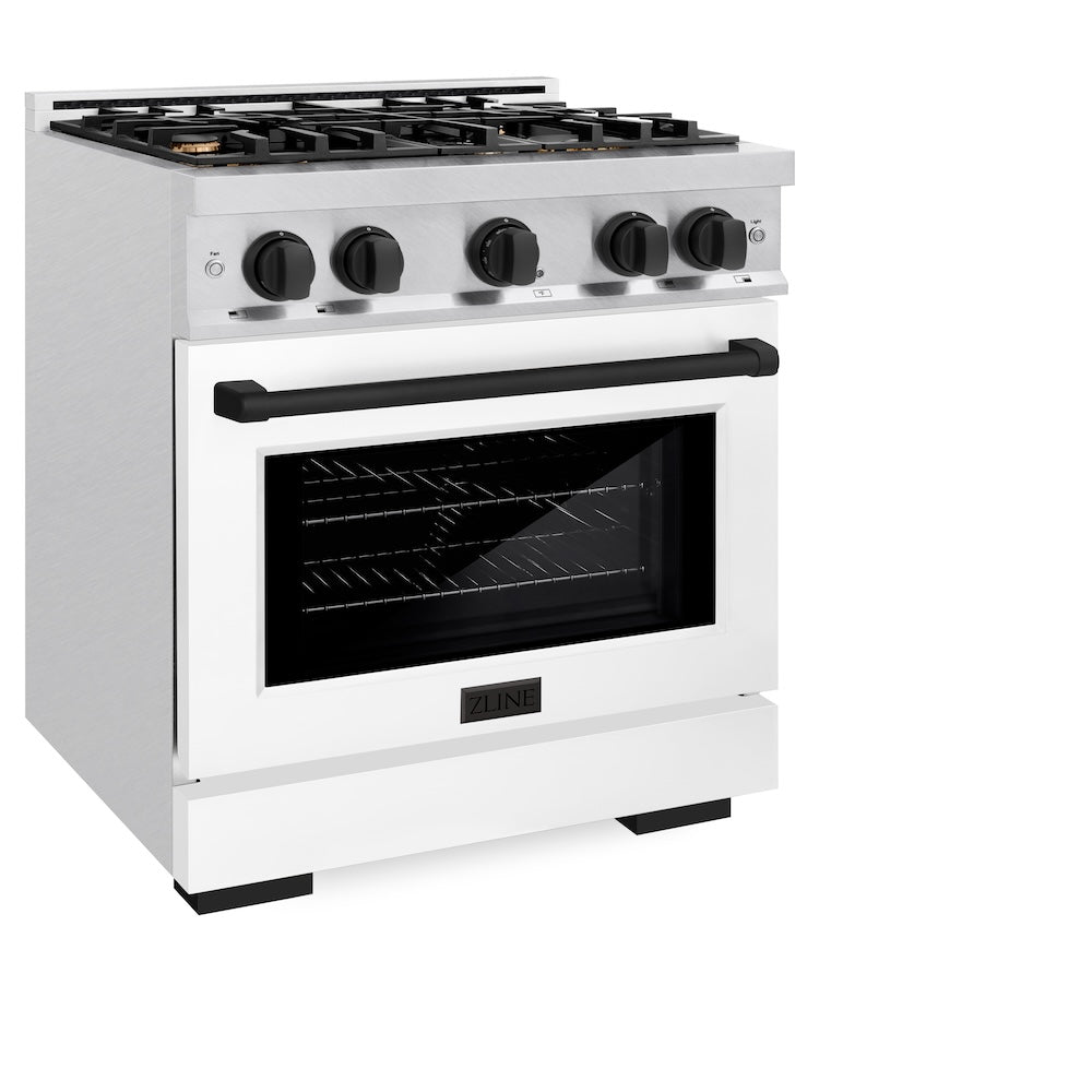 ZLINE Autograph Edition 30 Inch 4.2 Cu Ft Gas Range with 4 Burner Cooktop & Convection Oven - Satin Stainless Steel with White Matte Door & Black Accents (HGRSZ WM 30 MB) | Professional Kitchen Appliance for Home Chefs & Cooking Enthusiasts