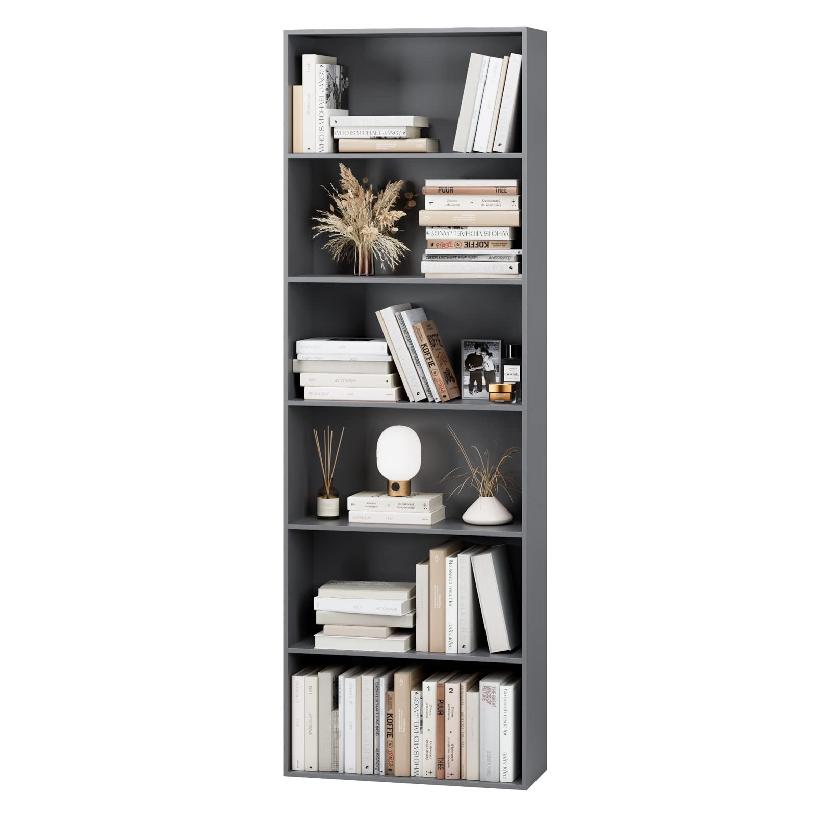 FOTOSOK 6-Tier Open Bookcase - Freestanding Bookshelf for Bedroom, Living Room & Office - Dark Gray Display Storage Shelf - Perfect for Organizing Books, Decor & Essentials in Home or Workspace