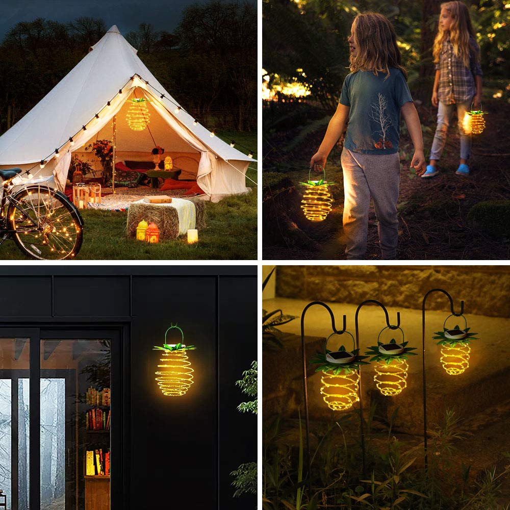 2 Pack Solar Pineapple Lights - 60 LED Warm White Outdoor Hanging Lanterns with Handle, Waterproof Solar Powered Garden Decor for Patio, Yard, Porch, Pathway - Perfect for Summer Nights & Tropical Themed Parties