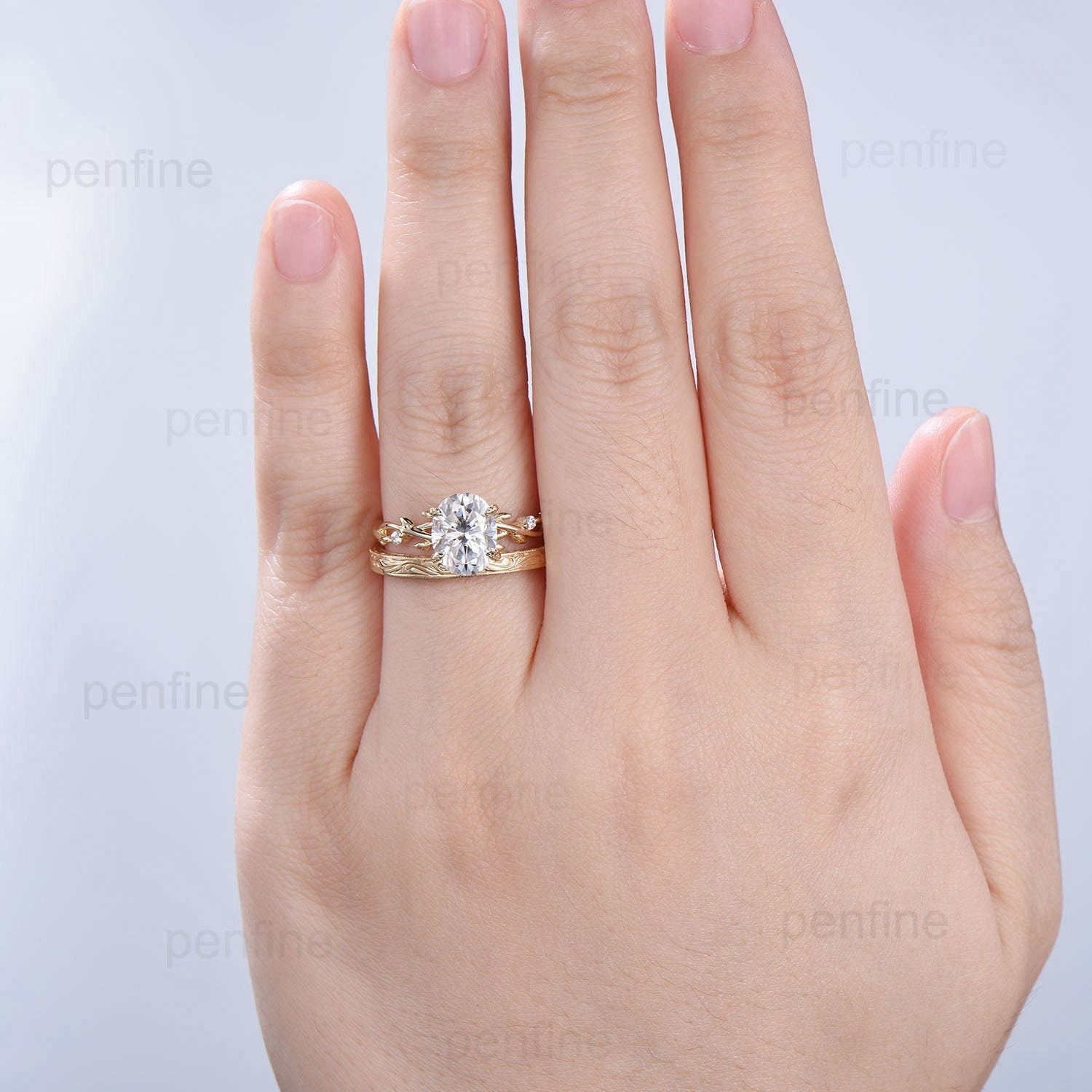 2 Carat Oval Moissanite Engagement Ring Set with Twig Leaf Wedding Band - 14K Yellow Gold Filigree Milgrain Edge Stacking Rings for Women | Perfect for Proposals, Anniversaries & Bridal Jewelry