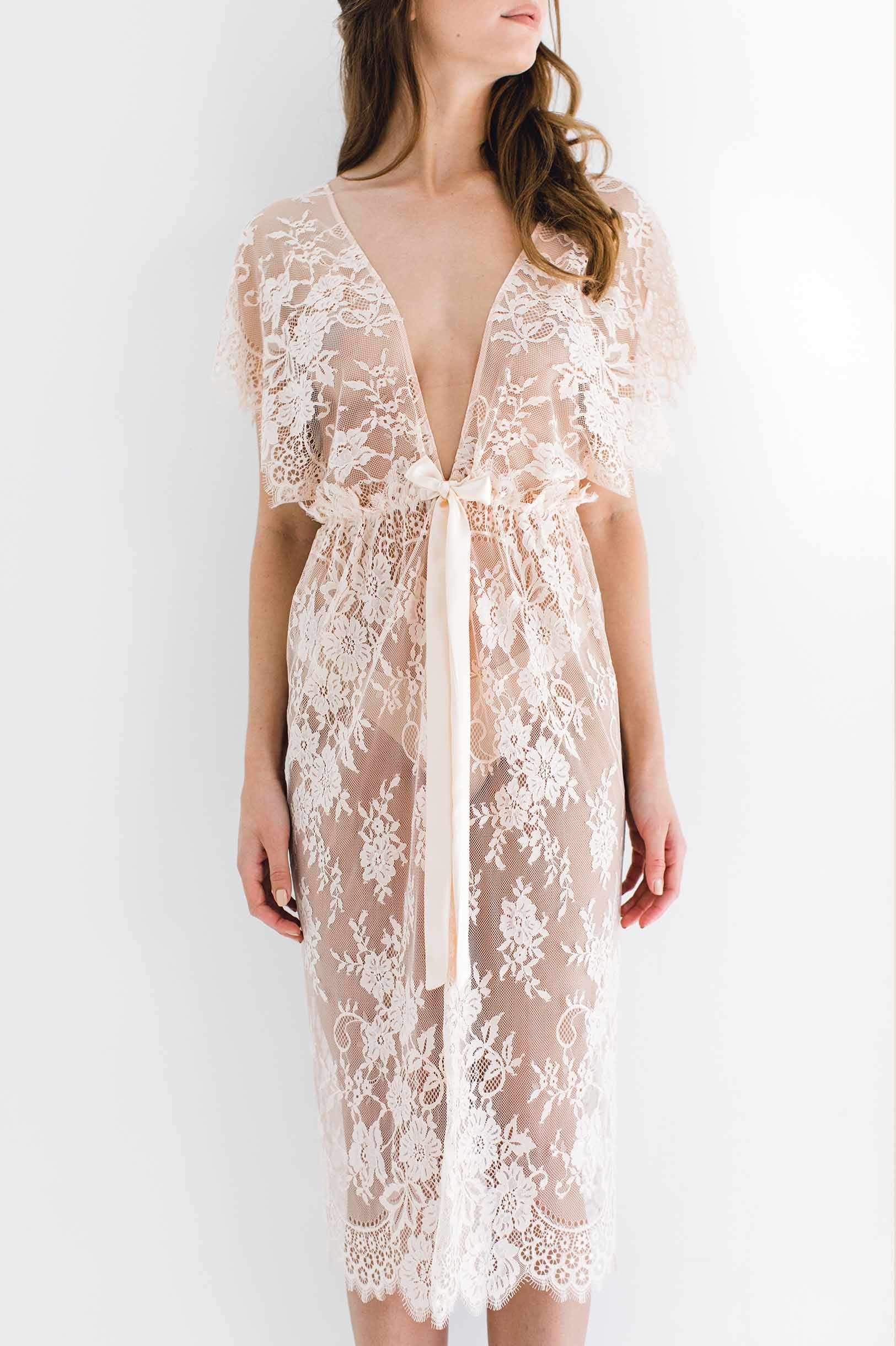 Margot Midi Lace Kimono Robe - Blush Pink Women's Lace Cover Up | Perfect for Bridal Shower, Honeymoon & Spa Day