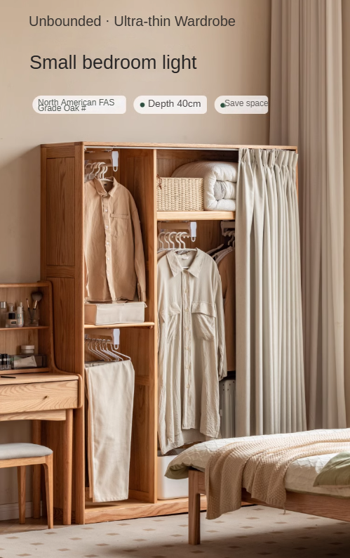 Solid Oak Wood Wardrobe with Thin Fabric Curtain - Stylish Closet Organizer for Bedroom, Living Room & Dorm Storage