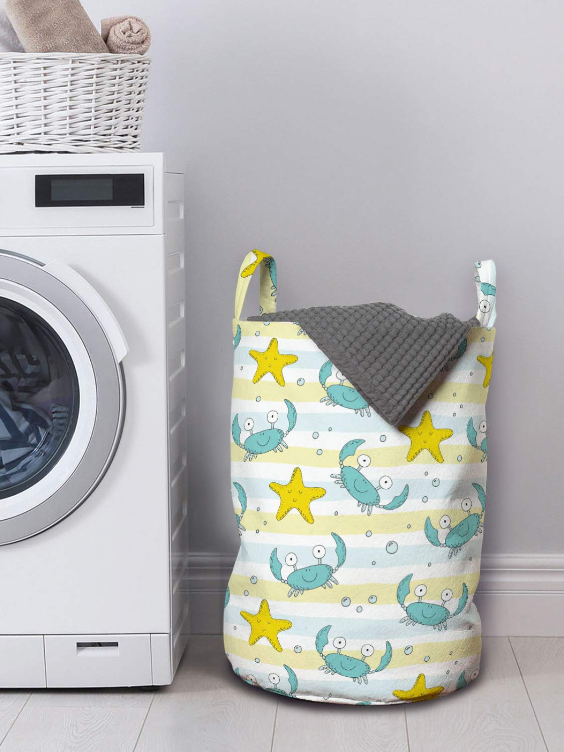 Ambesonne Marine Laundry Bag - Ocean Themed Crab & Starfish Print with Bubbles & Lines, 13