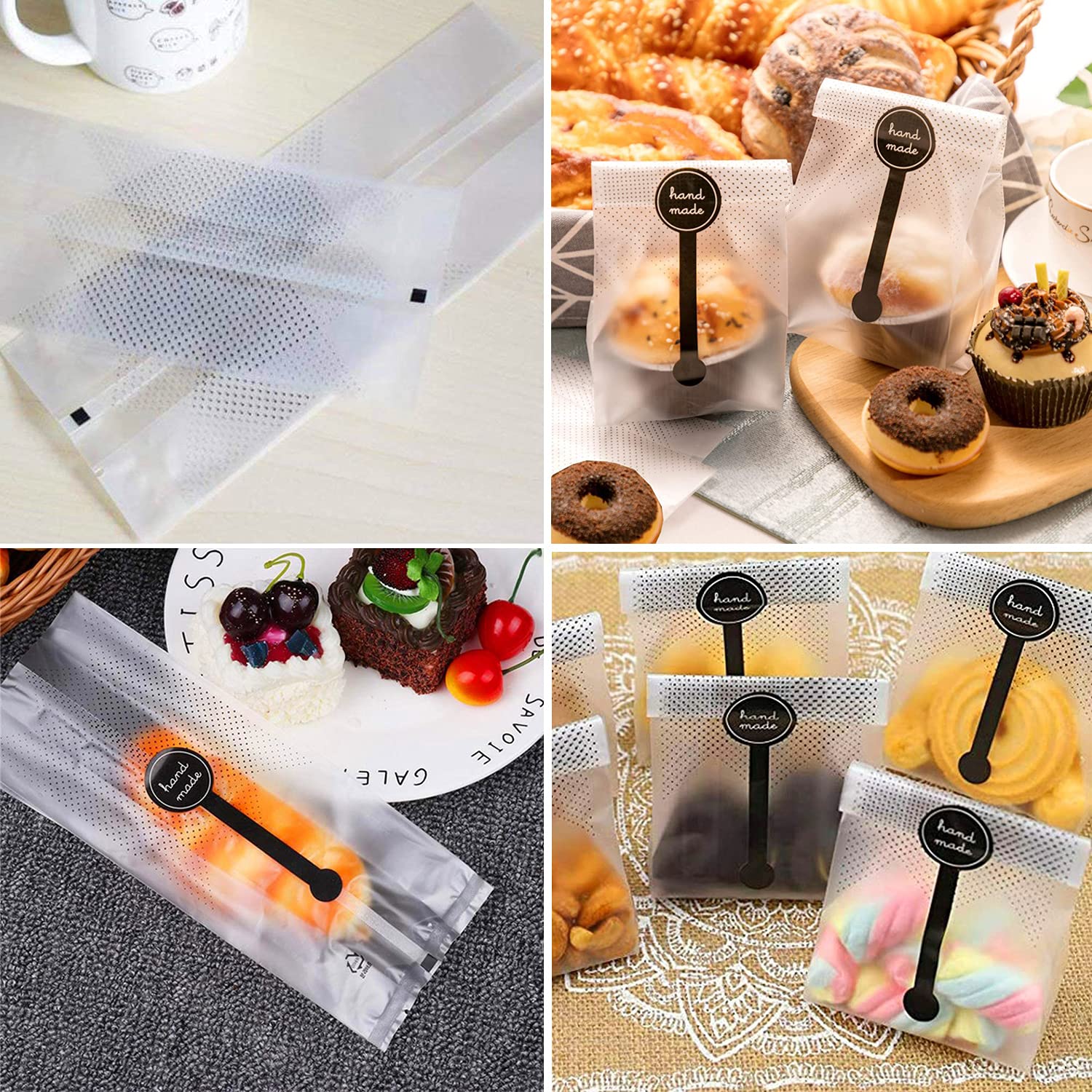100Pcs Clear Plastic Bags for Baking - Cellophane Bags with 100 Handmade Stickers for Cookies, Cakes, Chocolates & Candy - Perfect for Bakery Packaging, Party Favors & Gift Wrapping