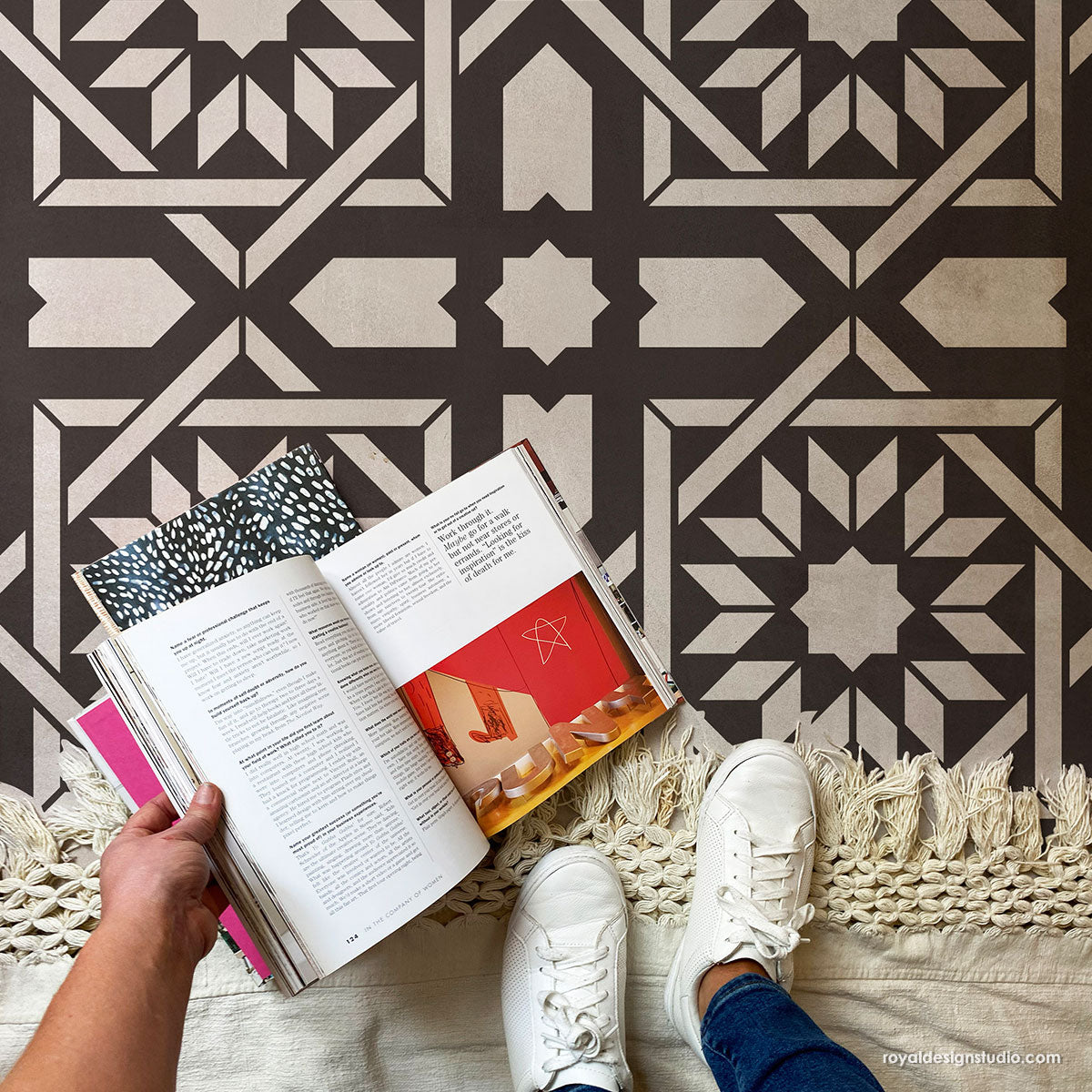 Premium Almeria Tile Stencil for DIY Home Decor - Reusable Wall & Floor Stenciling Kit for Bathroom, Kitchen Backsplash, and Patio Designs