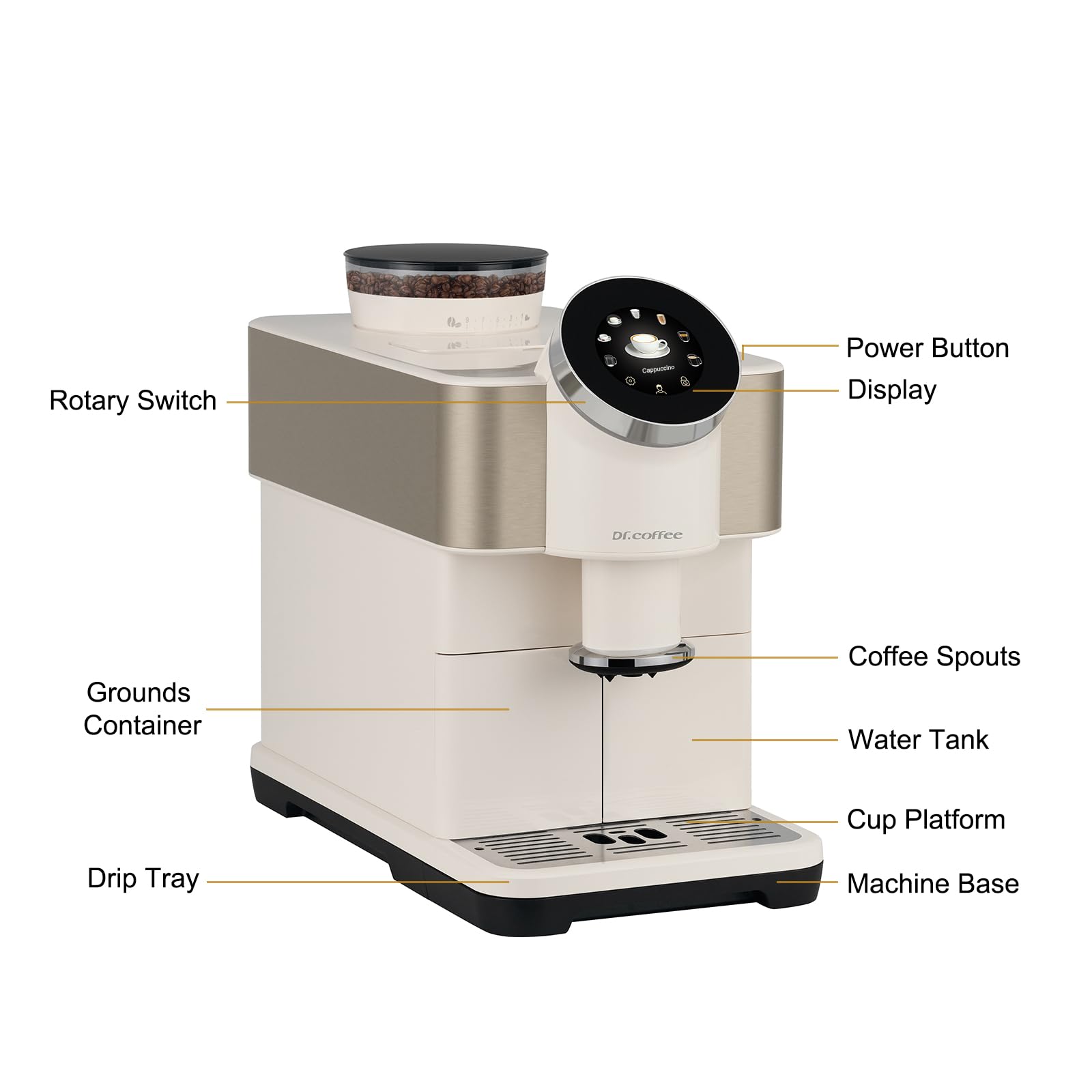 Fully Automatic Espresso Coffee Machine with Milk Frother - Dr.coffee H2 Home Coffee Maker, Detachable Water Tank, Round Touch Screen, Piano Black/Cream White for Kitchen, Office, Cafe Use