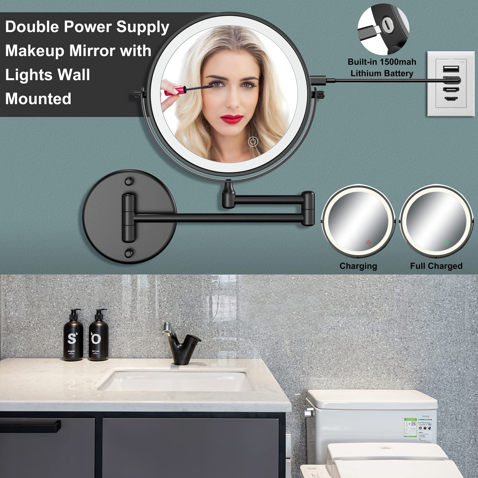 Rechargeable 8 Inch Wall Mounted LED Makeup Mirror - 1X/10X Magnification, 3 Color Lighting, Touch Dimming, 360° Rotation for Vanity & Bathroom | Perfect for Makeup Application, Skincare & Grooming