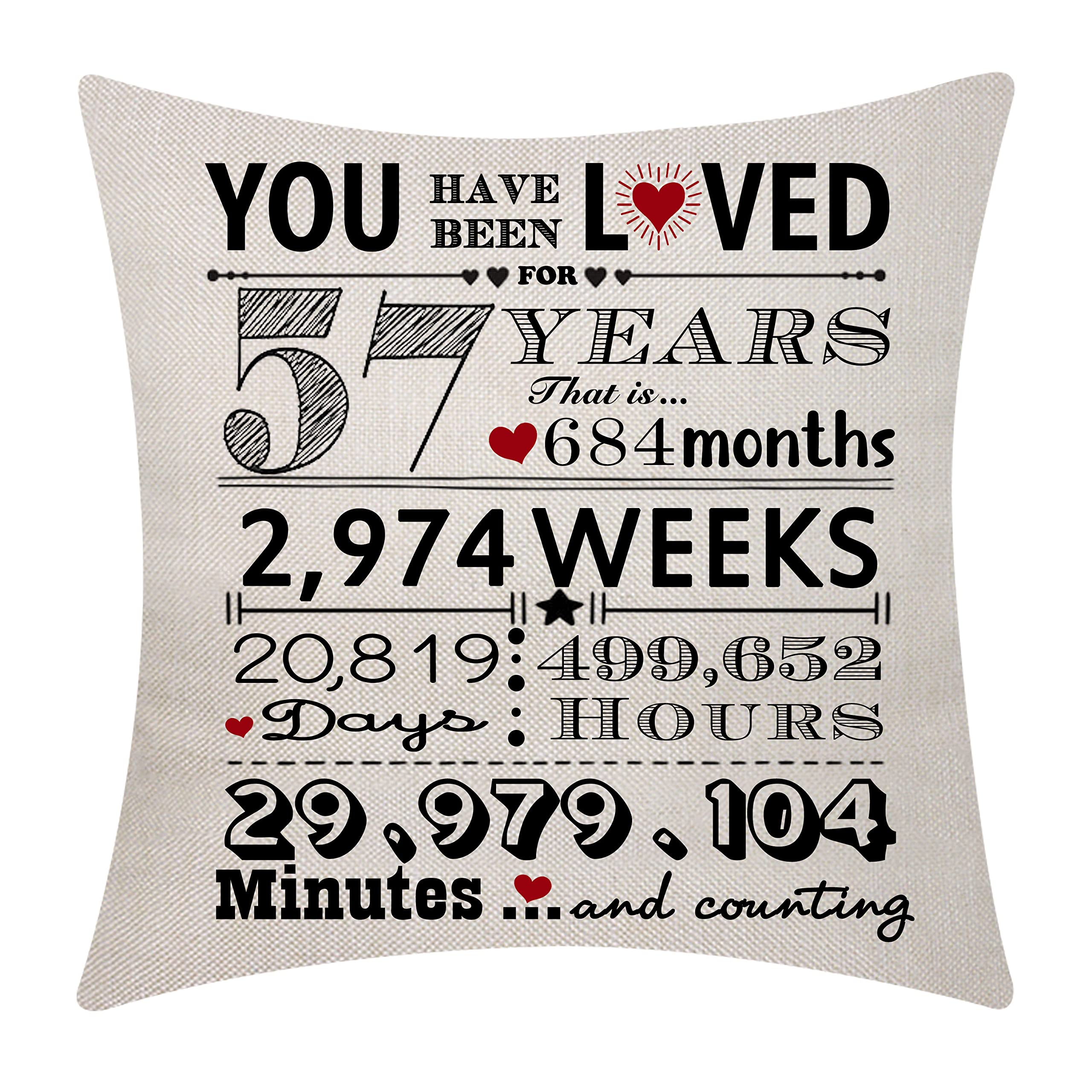 57th Birthday Gifts for Women & Men - 57 Years Old Throw Pillow Cover with '57 Years Loved' Design - Perfect for Anniversary Decorations, Home Decor & Party Supplies