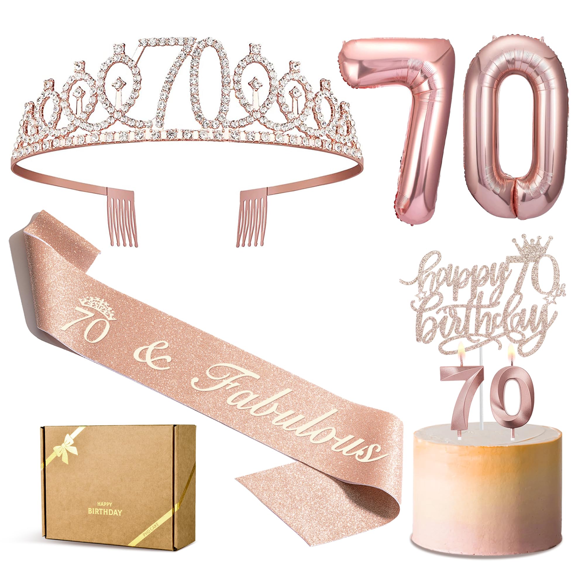 70th Birthday Decorations for Women - Gold Crown/Tiara, Satin Sash, Number 70 Balloon & Candles - Complete Party Set for Milestone Celebrations, Retirement Parties & Grandmother's Special Day
