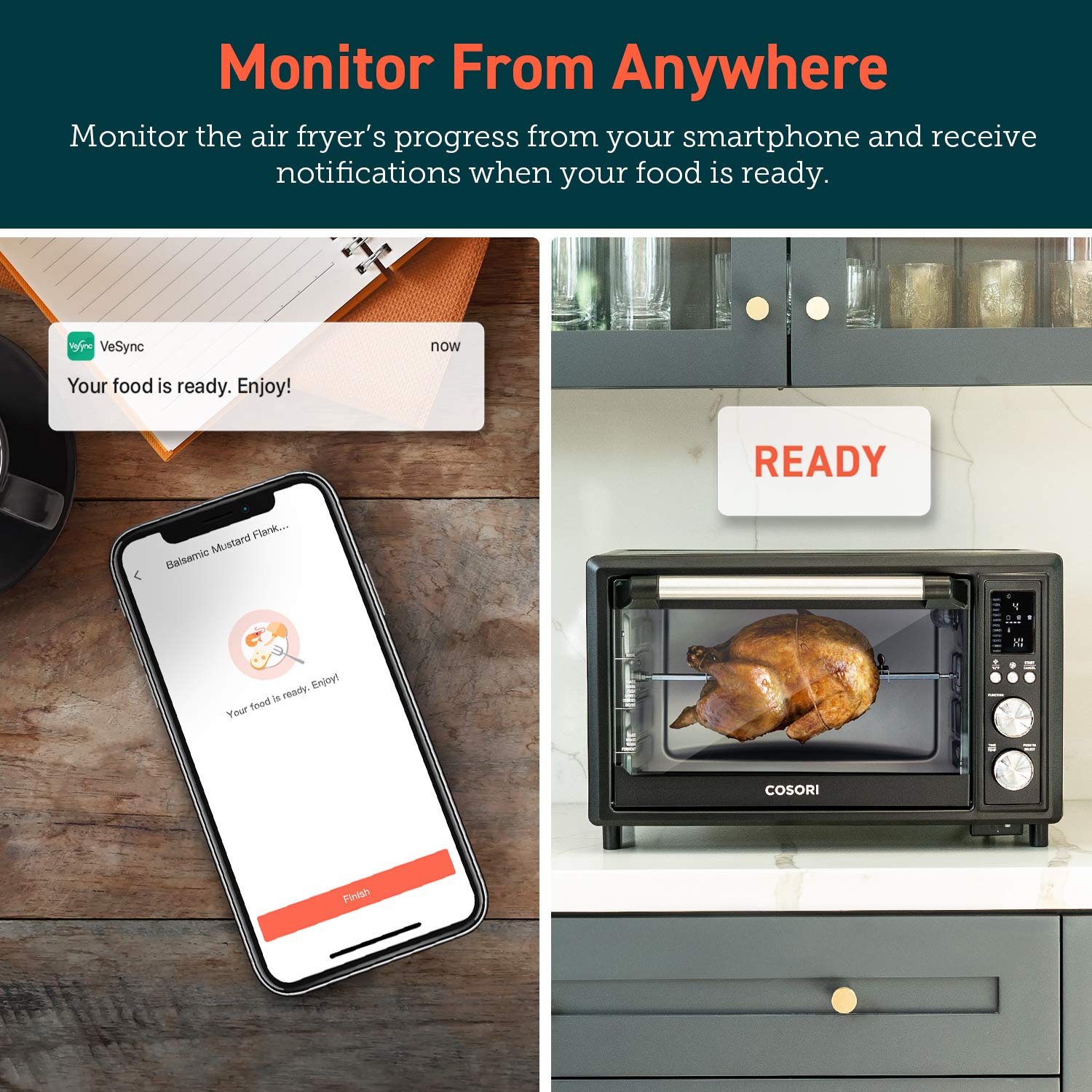 COSORI 13-in-1 Air Fryer Toaster Oven Combo with 32Qt Capacity, APP & Alexa Voice Control, Convection Countertop Oven for Baking, Broiling, Roasting, Dehydrating & Sous Vide - Includes 134 Recipes & 4 Accessories (Black Stainless Steel) - Perfect for Small Kitchens, Healthy Cooking & Meal Prep