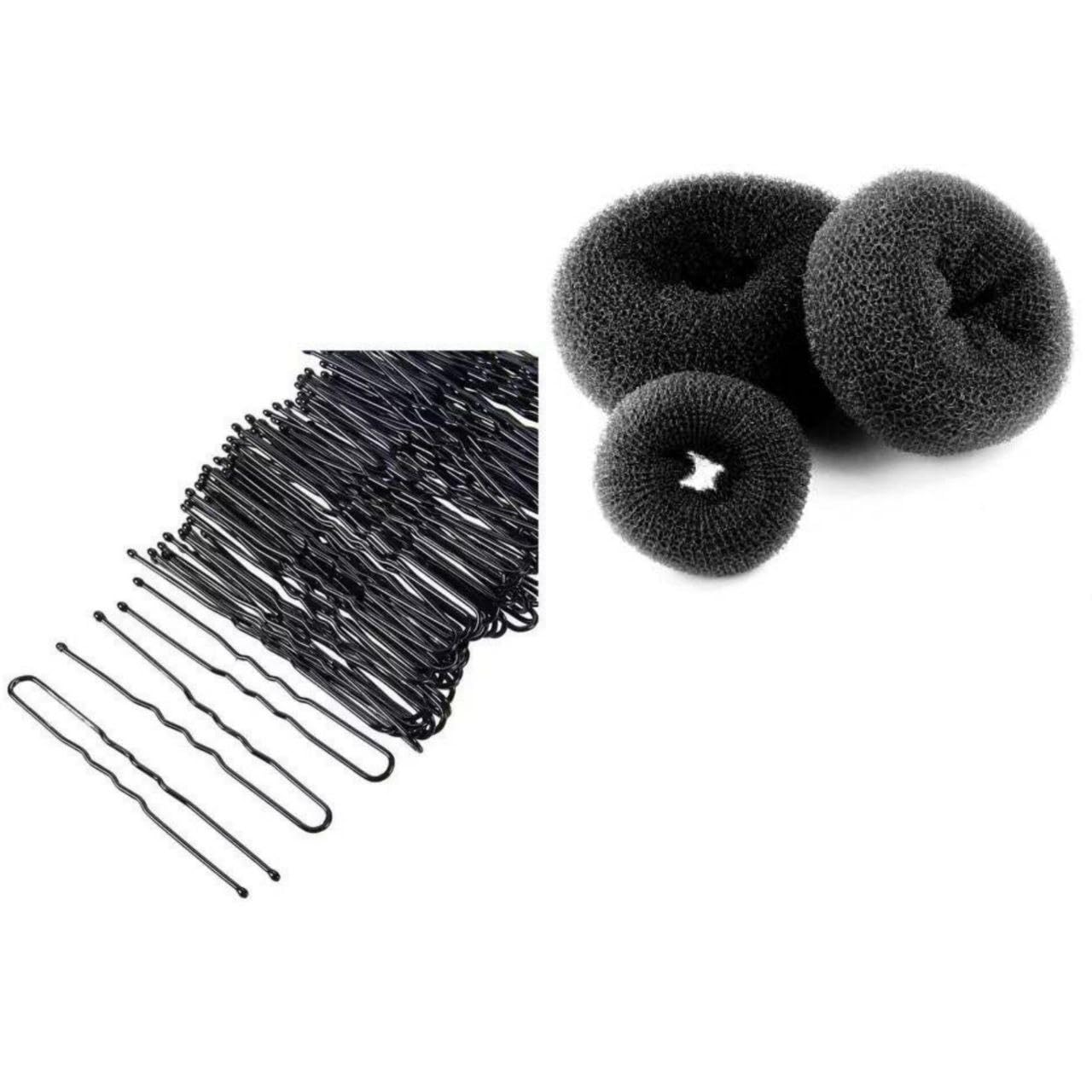 Sidhav 3-Piece Hair Donut Bun Maker Set with 30 U-Shaped Bobby Pins (6.5cm) - Black Salon Hair Accessories for Perfect Buns, Ponytails & Updos - Great for Weddings, Prom & Daily Styling