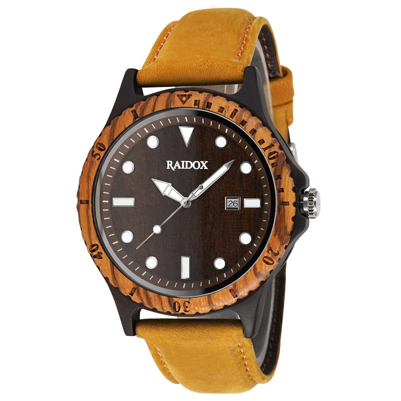 RAIDOX Men's Wooden Watches - Luminous Analog Quartz Watch with Brown Leather Strap, Ultra-Light 50mm Big Face, Fashion Casual Wood Wristwatch for Men (Gift Box Included) - Perfect for Outdoor Activities, Business Meetings & Everyday Wear