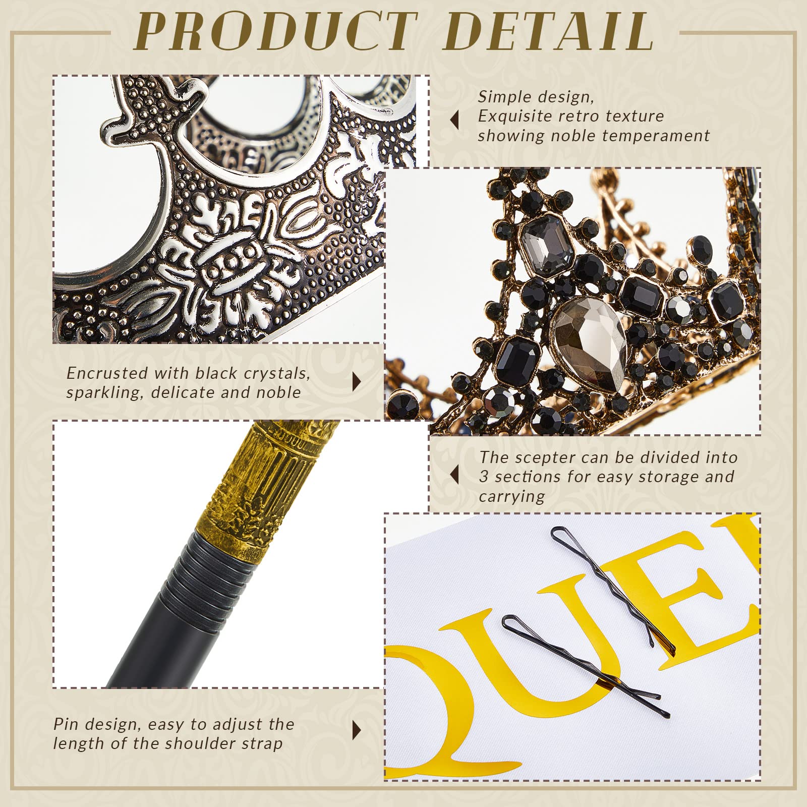 Zhanmai 6-Piece Prom King & Queen Crown Set with Walking Canes & Sashes - Perfect for Halloween Costumes, Graduation Parties, Birthday Celebrations & Royal-Themed Events