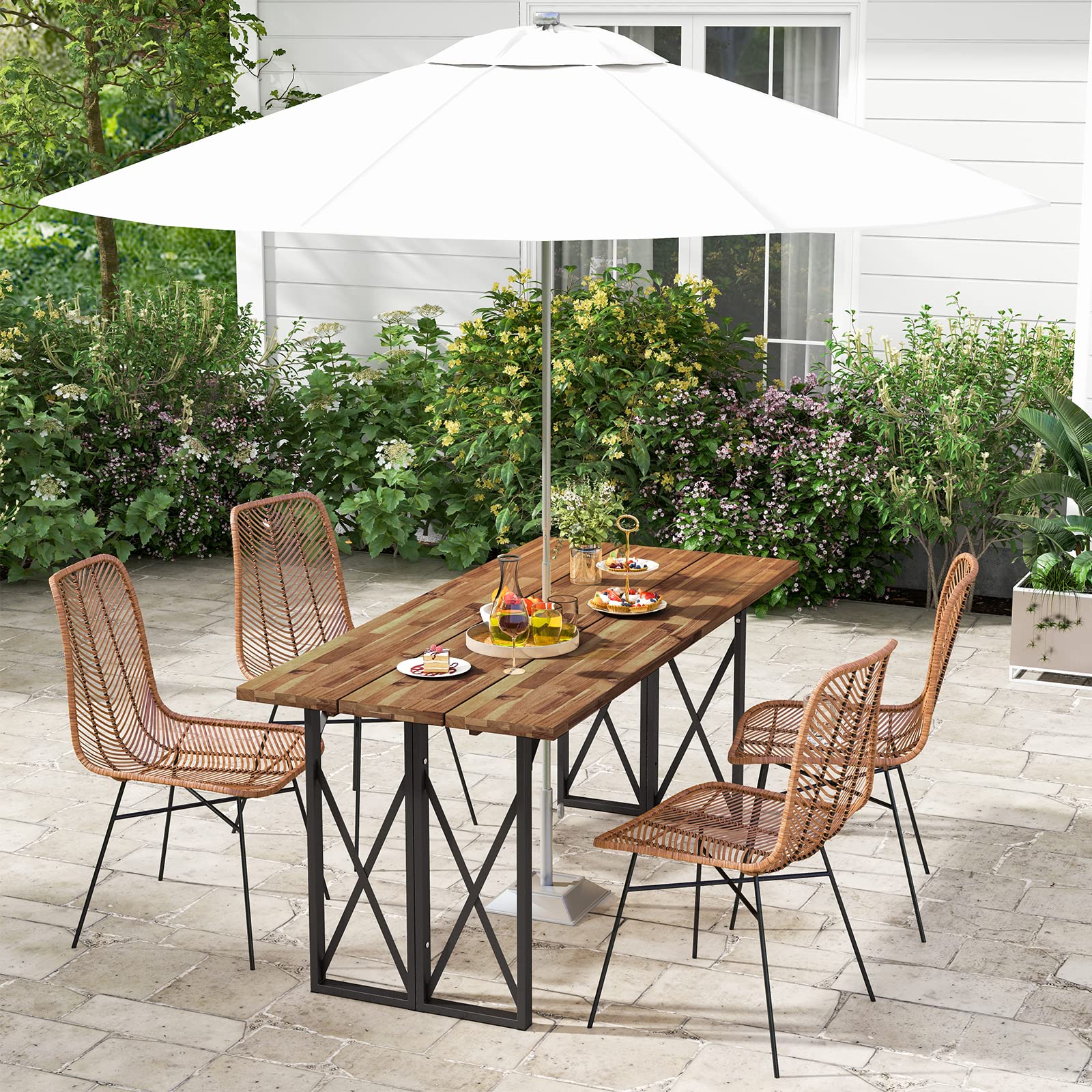 Tangkula 67 Inch Acacia Wood Outdoor Dining Table with Umbrella Hole - Heavy-Duty Metal Frame Patio Table for 6 - Perfect for Backyard BBQ, Garden Parties & Indoor Outdoor Entertaining