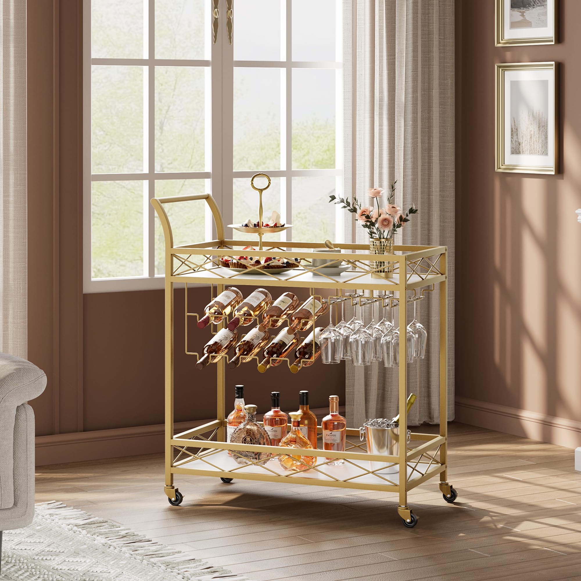 IDEALHOUSE 2-Tier Gold Bar Cart with Wheels - White Marble Finish Wood Shelf, Wine Rack & Glass Holder - Mobile Serving Cart for Kitchen, Living Room, Dining Room, Party & Home Entertainment