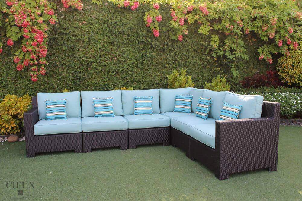 Blue Provence Outdoor Patio Wicker Rattan Modular L-Shaped Sectional Sofa Set - Waterproof & Weather-Resistant for Garden, Poolside, and Backyard Relaxation