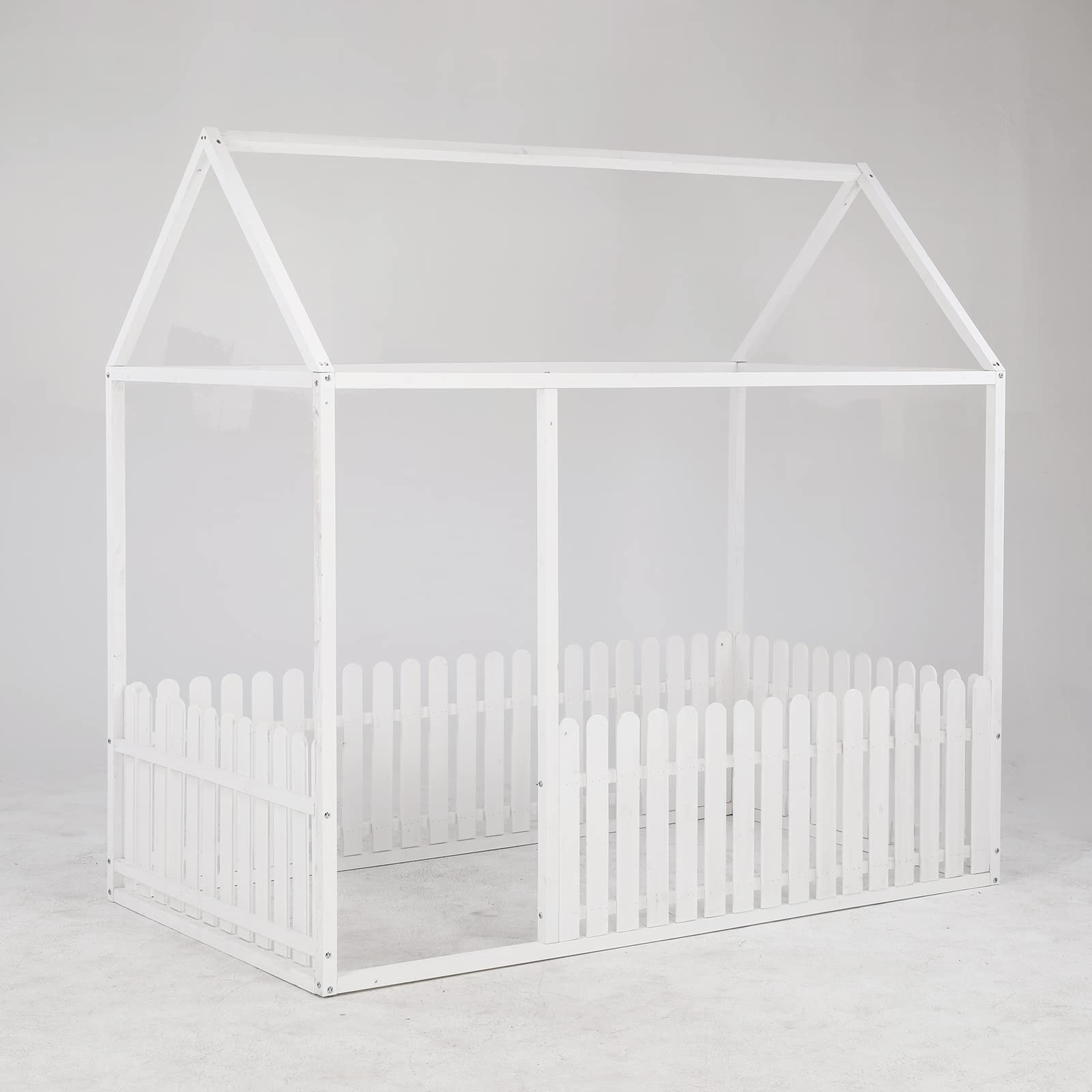 OOTDxvv Full Size House Bed for Kids - Wooden Loft Bed with Roof & Fence, Single Floor Bed Frame for Children, Teens, Boys & Girls (White) | Perfect for Bedrooms, Playrooms & Montessori Spaces