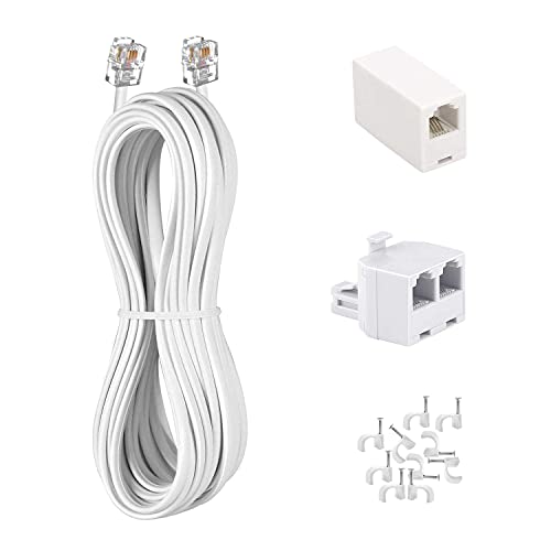 3 FT KINXIYU Phone Cord with RJ11 Plug - Includes Telephone Inline Coupler, RJ11 Splitter & 10 Cable Clips (White) - Perfect for Home, Office & Landline Phone Setup