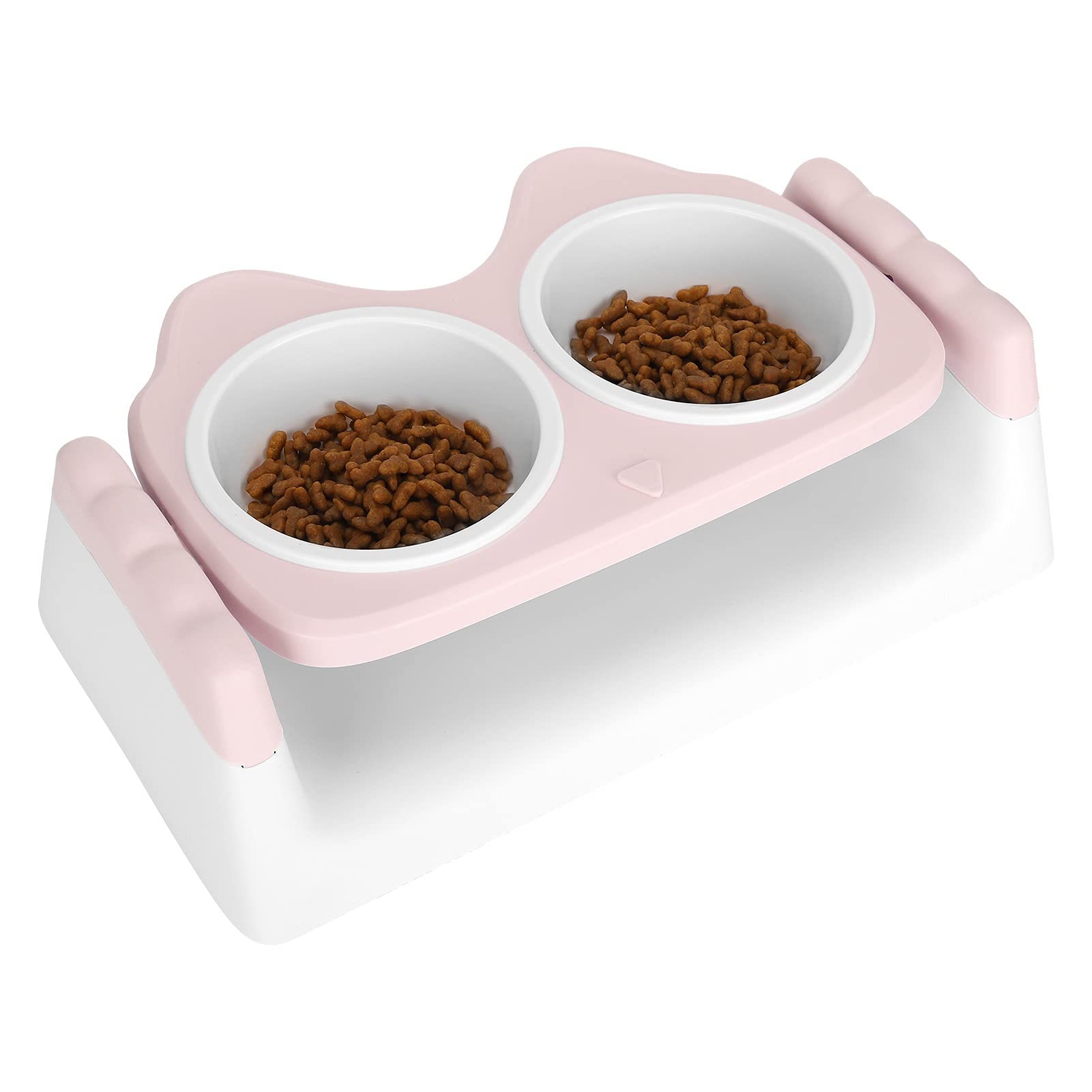 Elevated Double Cat Food and Water Bowls with Adjustable Stand - Raised Plastic Pet Feeding Dishes for Cats, Perfect for Dry Food, Wet Food & Water (Pink) - Ideal for Home, Kitchen or Travel Use