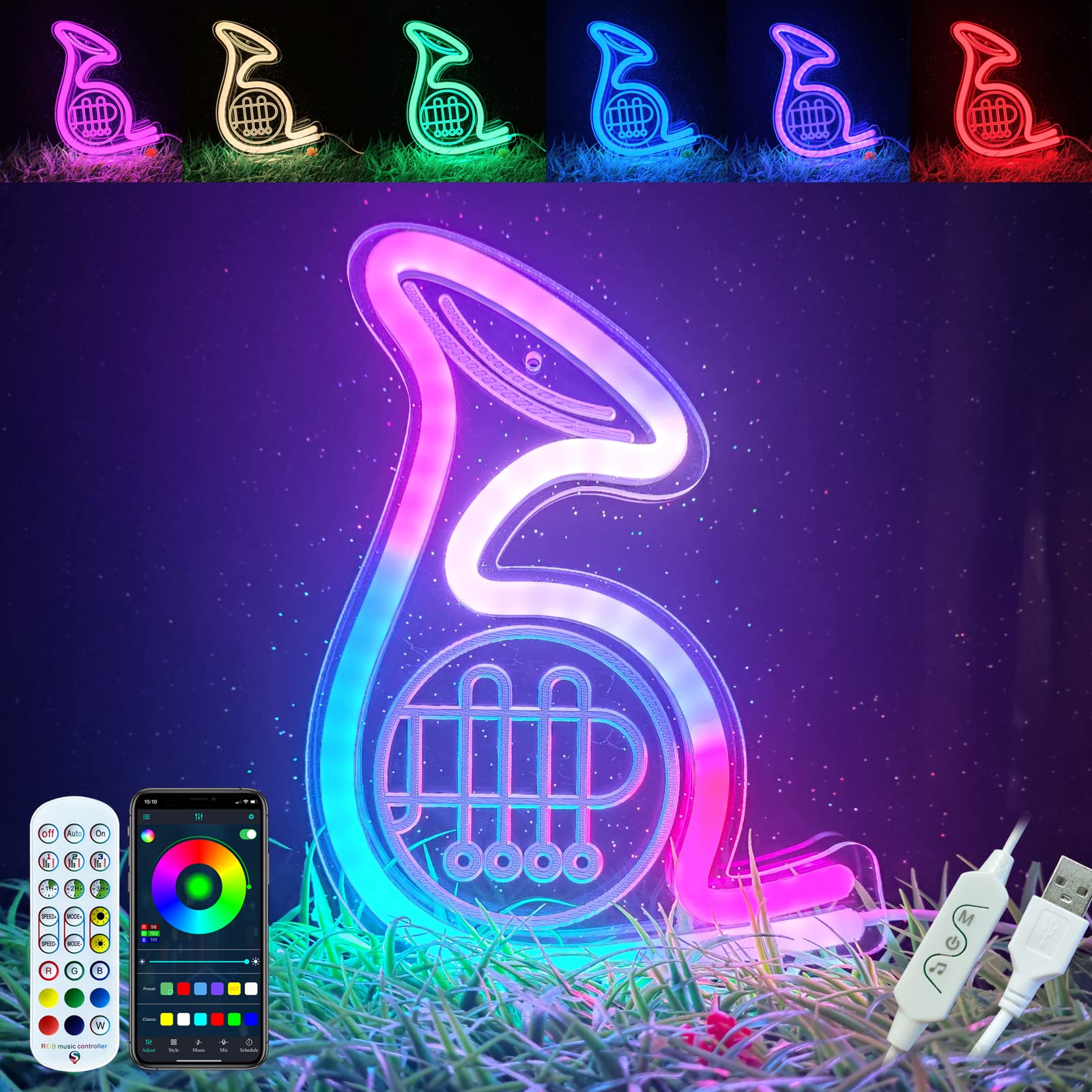 Dimmable Neon Light Signs with APP & Remote Control - Custom French Horn LED Wall Light for Bedroom, Bar, Party, Gaming Room & Kids' Room Decor - Energy Efficient Night Light & Atmosphere Lighting