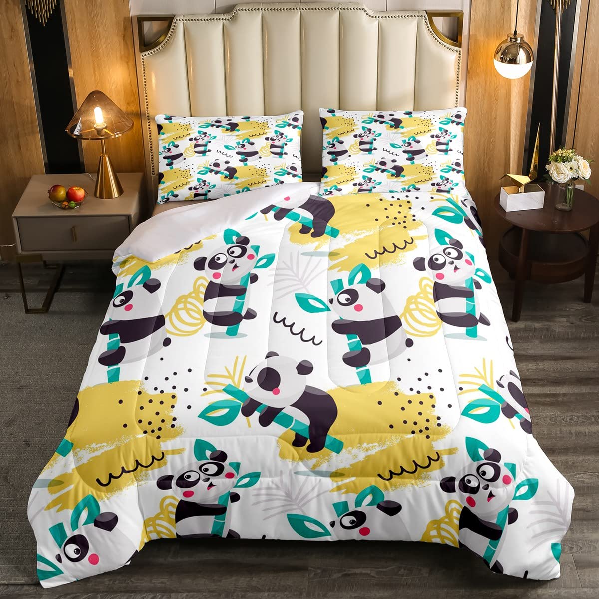 Feelyou Panda Comforter Set - Queen Size Cartoon Panda Bamboo Bedding with 2 Pillowcases | Cute Animal Print Comforter for Kids Boys & Girls | Soft Botanical Leaves Design | Perfect for Nursery, Bedroom Decor & Gift Giving