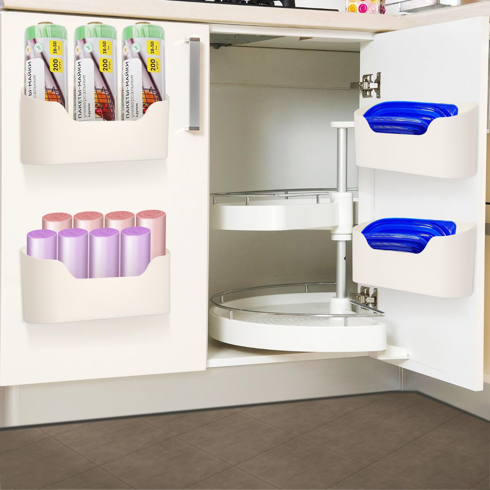 FACULX 4 Pack Wall Mounted Cabinet Door Organizer with 6 Hooks - No Drill Lid Holder for Food Storage Containers - Space Saving Organizer for Kitchen Pantry, RV, Bathroom & Closet (Perfect for Pots, Pans & Utensils)